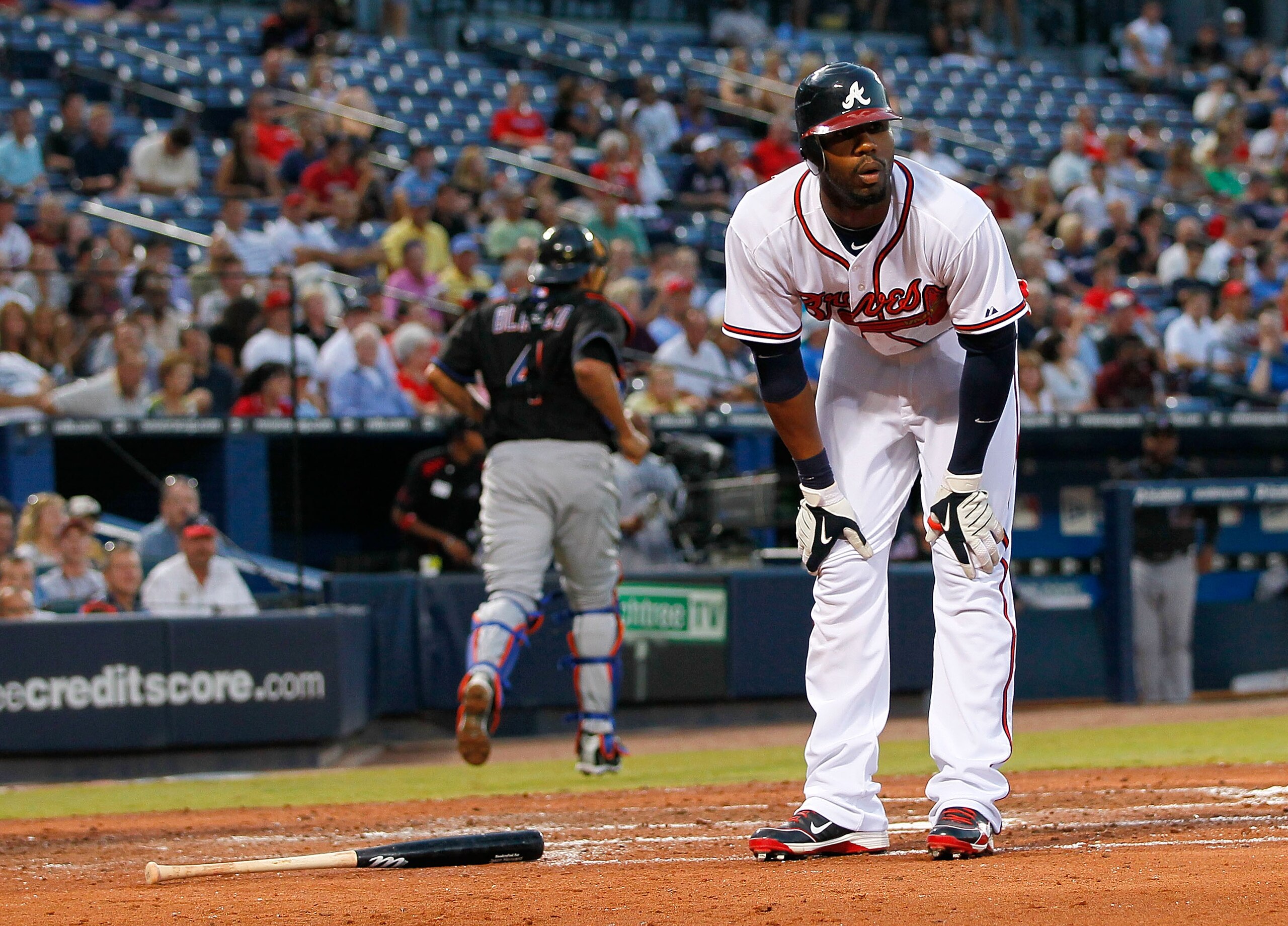 ATLANTA - AUGUST 31:  Jason Heyward #22 of the Atlanta Braves reacts after being struck out in the third inning by the New York Mets at Turner Field on August 31, 2010 in Atlanta, Georgia.  (Photo by Kevin C. Cox/Getty Images)