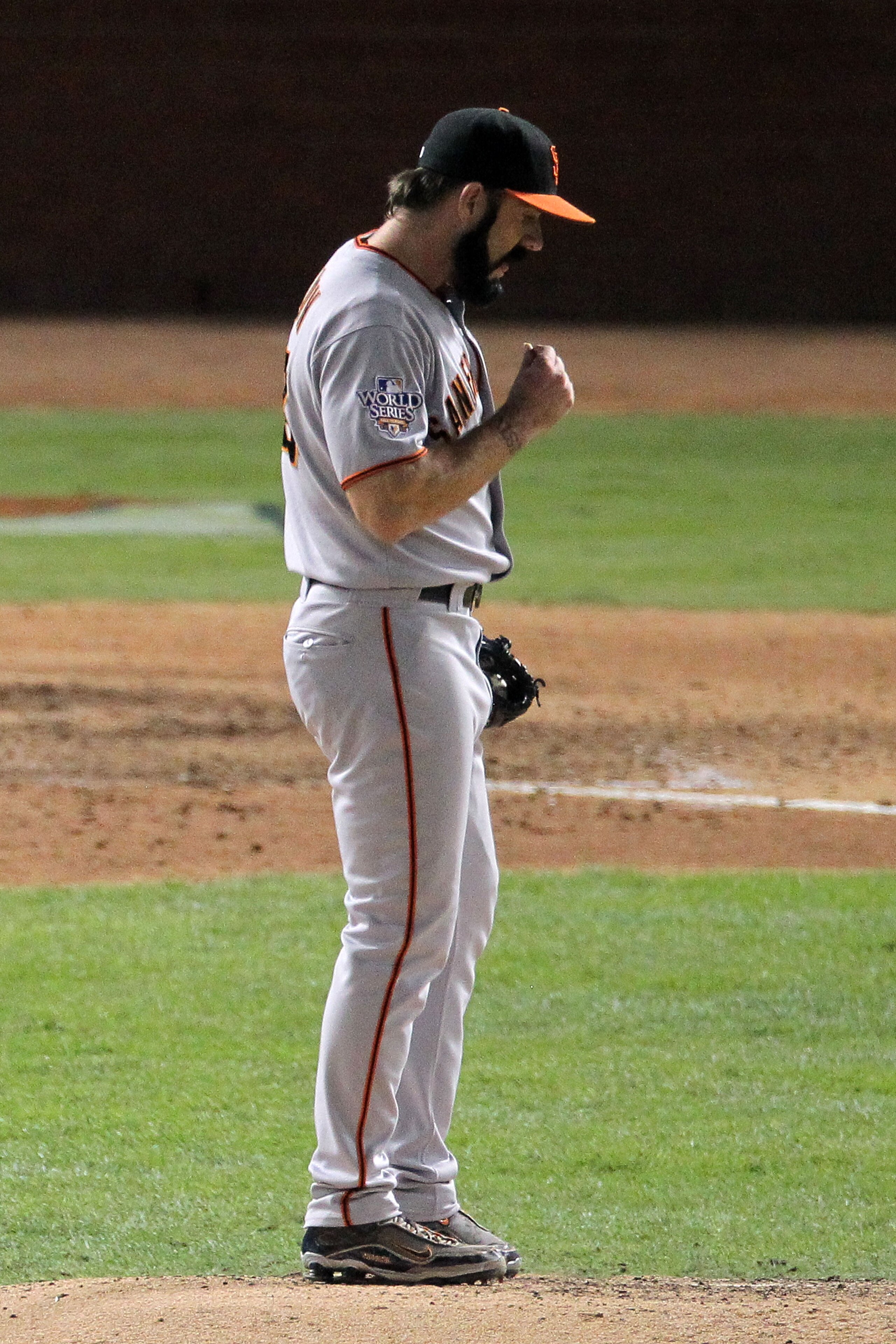 ARLINGTON, TX - OCTOBER 31:  Pitcher Brian Wilson #38 of the San Francisco Giants reacts during the bottom on the ninth inning against the Texas Rangers against the San Francisco Giants in Game Four of the 2010 MLB World Series at Rangers Ballpark in Arli