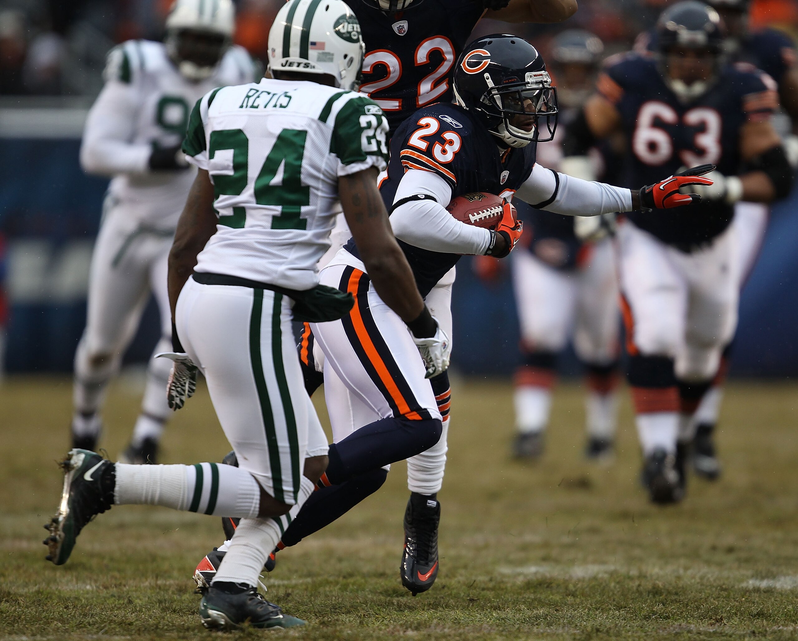CHICAGO, IL - DECEMBER 26: Devin Hester #23 of the Chicago Bears runs as Darrelle Revis #24 of the New York Jets pursues at Soldier Field on December 26, 2010 in Chicago, Illinois. The Bears defeated the Jets 38-34. (Photo by Jonathan Daniel/Getty Images)