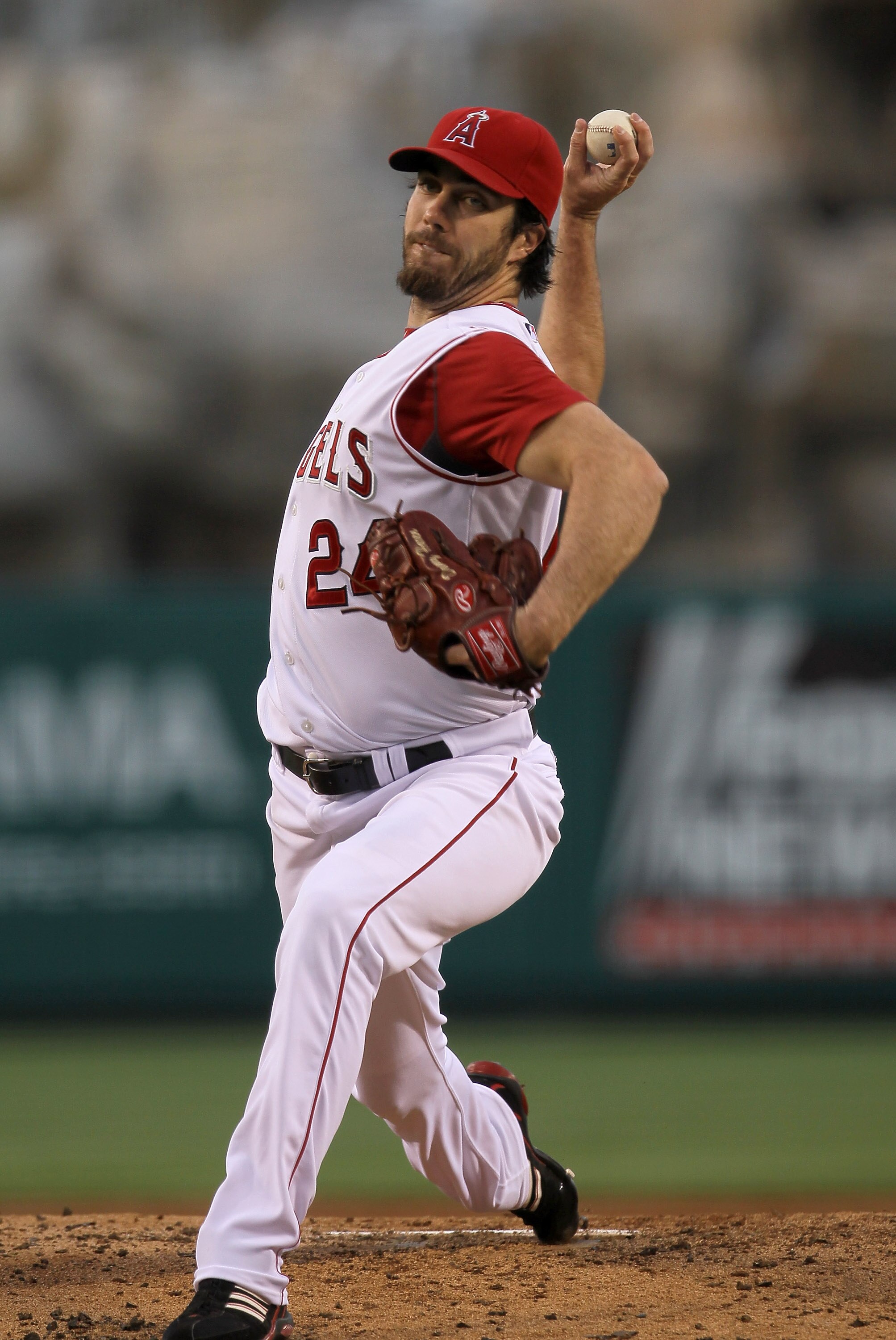 ANAHEIM, CA - SEPTEMBER 06:  Dan Haren #24 of the Los Angeles Angels of Anaheim pitches against the Cleveland Indians on September 6, 2010 at Angel Stadium in Anaheim, California.  (Photo by Stephen Dunn/Getty Images)