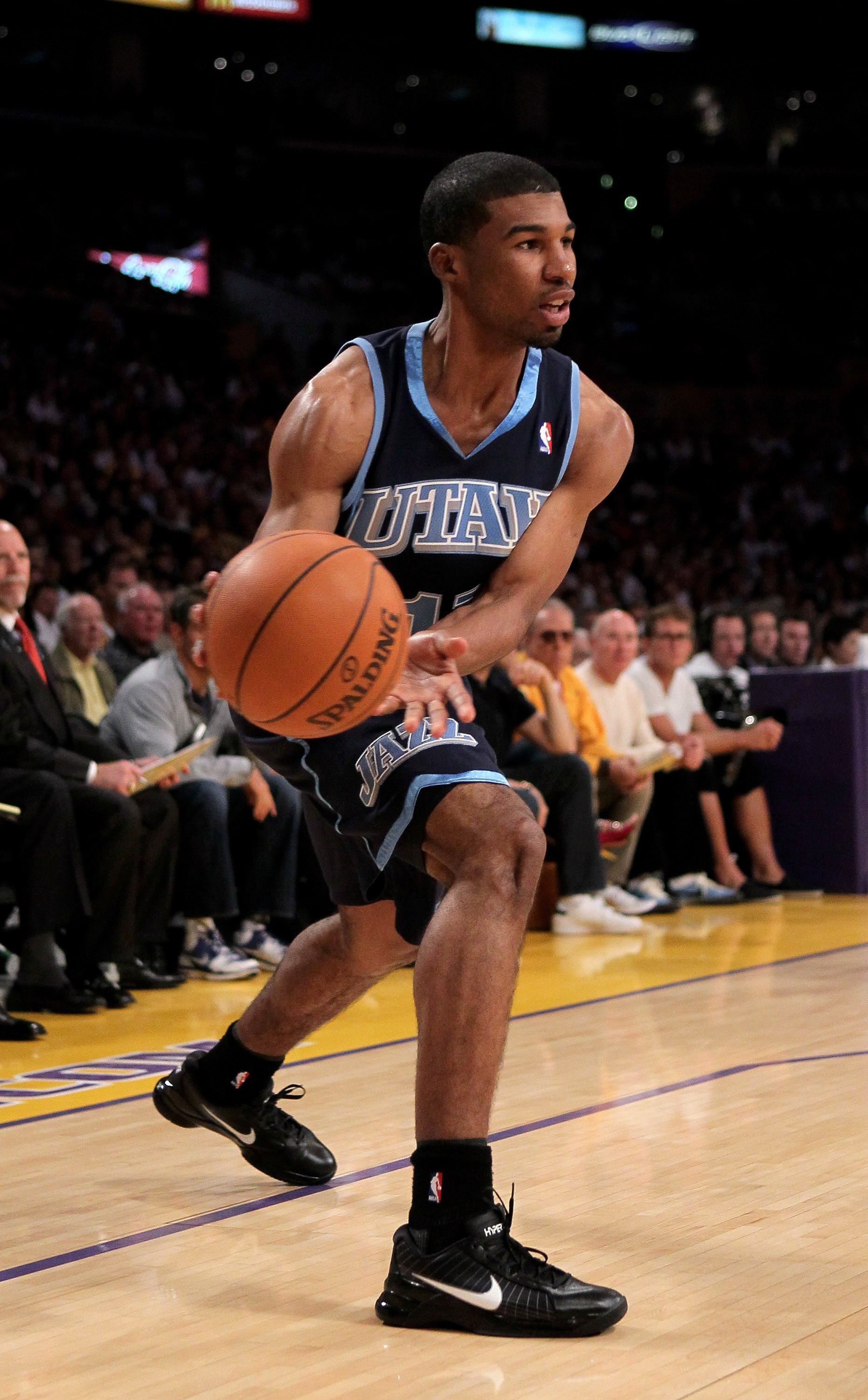 LOS ANGELES, CA - MAY 02:  Ronnie Price #17 of the Utah Jazz controls the ball against the Los Angeles Lakers during Game One of the Western Conference Semifinals of the 2010 NBA Playoffs on May 2, 2010 at Staples Center in Los Angeles, California.  The L