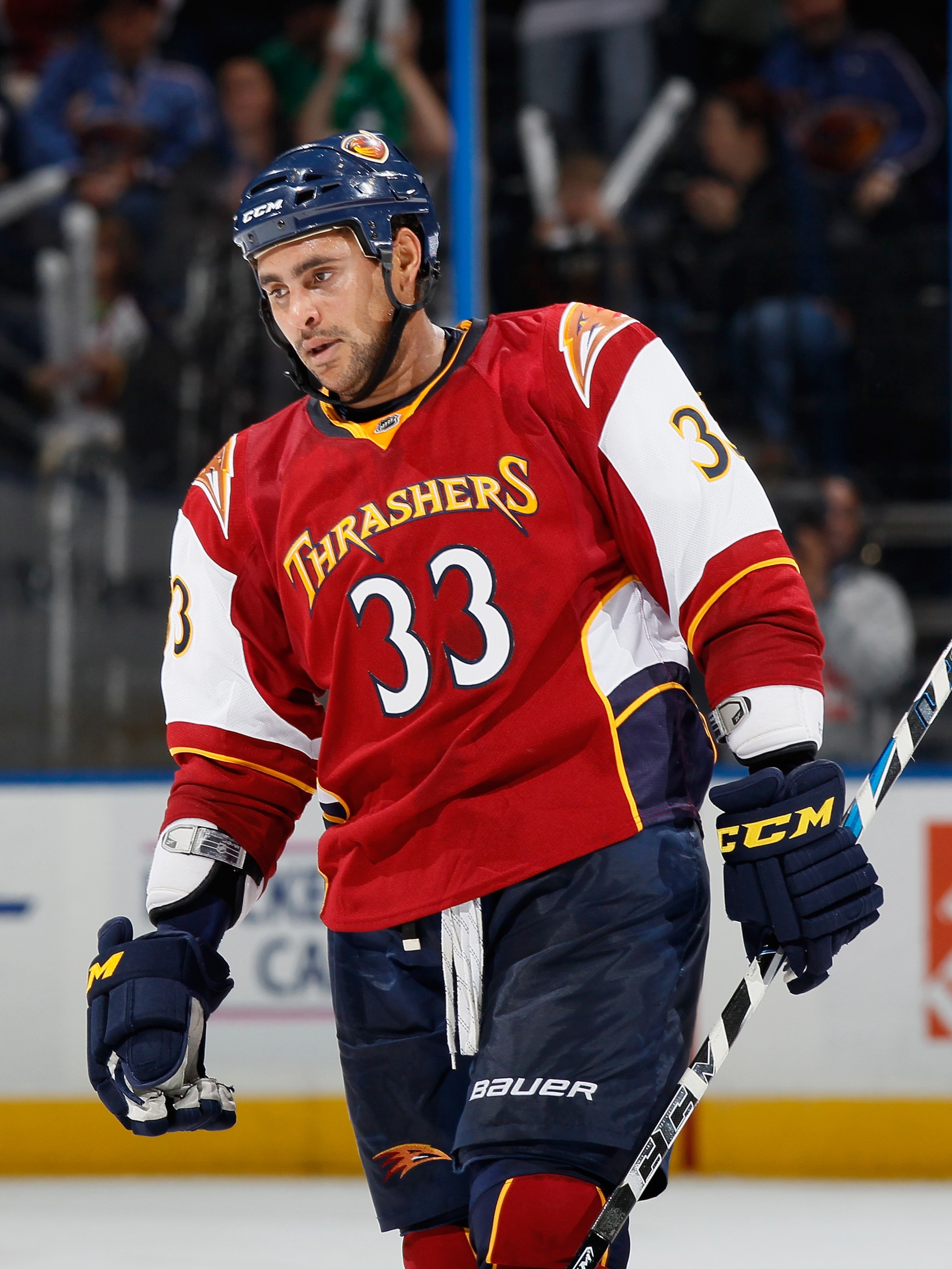 ATLANTA - OCTOBER 22:  Dustin Byfuglien #33 of the Atlanta Thrashers skates to the bench after scoring a goal against the Tampa Bay Lightning at Philips Arena on October 22, 2010 in Atlanta, Georgia.  (Photo by Kevin C. Cox/Getty Images)