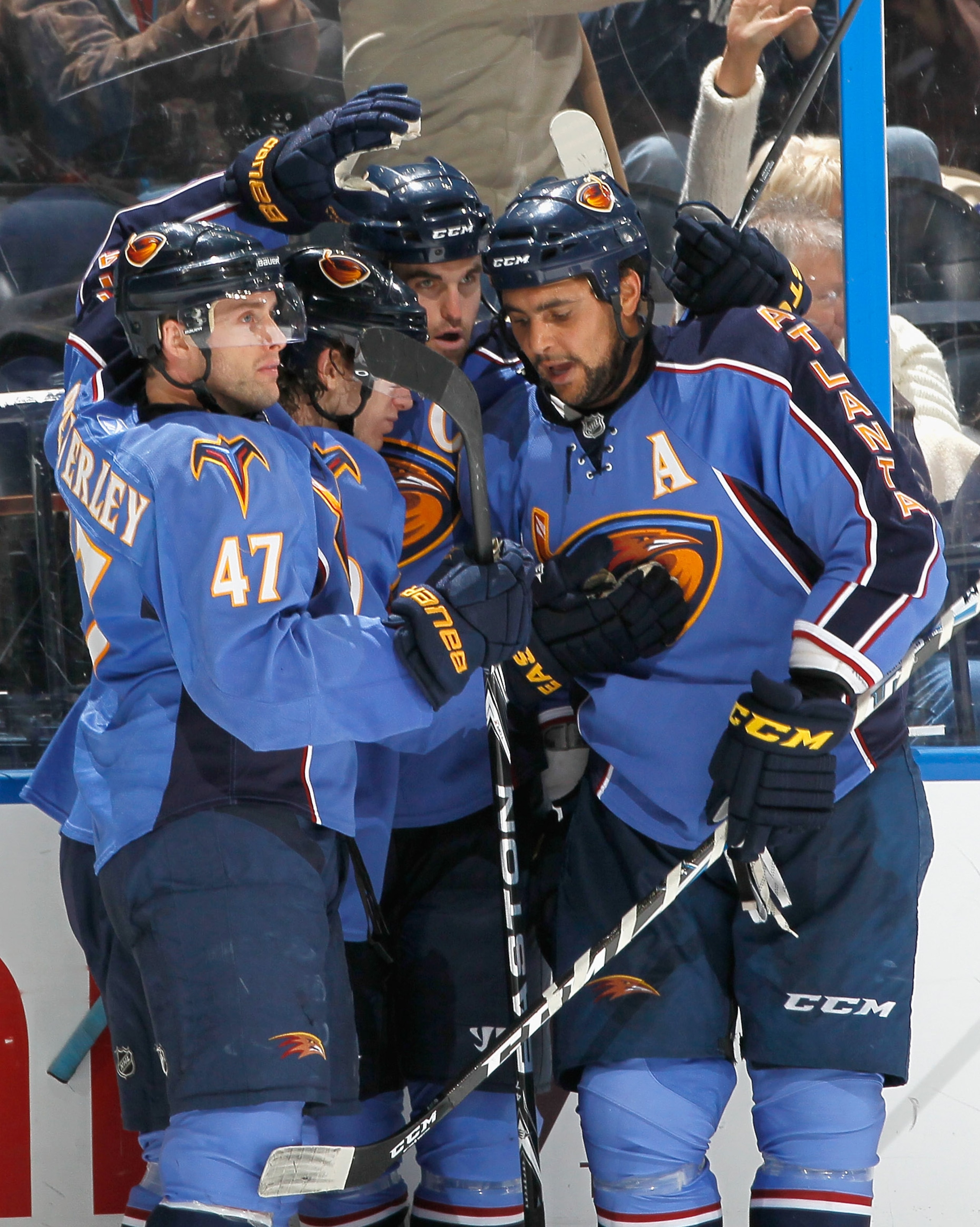 ATLANTA, GA - DECEMBER 06:  Andrew Ladd #16 of the Atlanta Thrashers celebrates his game-tying goal against the Nashville Predators with Rich Peverley #47, Tobias Enstrom #39 and Dustin Byfuglien #33 at Philips Arena on December 6, 2010 in Atlanta, Georgi