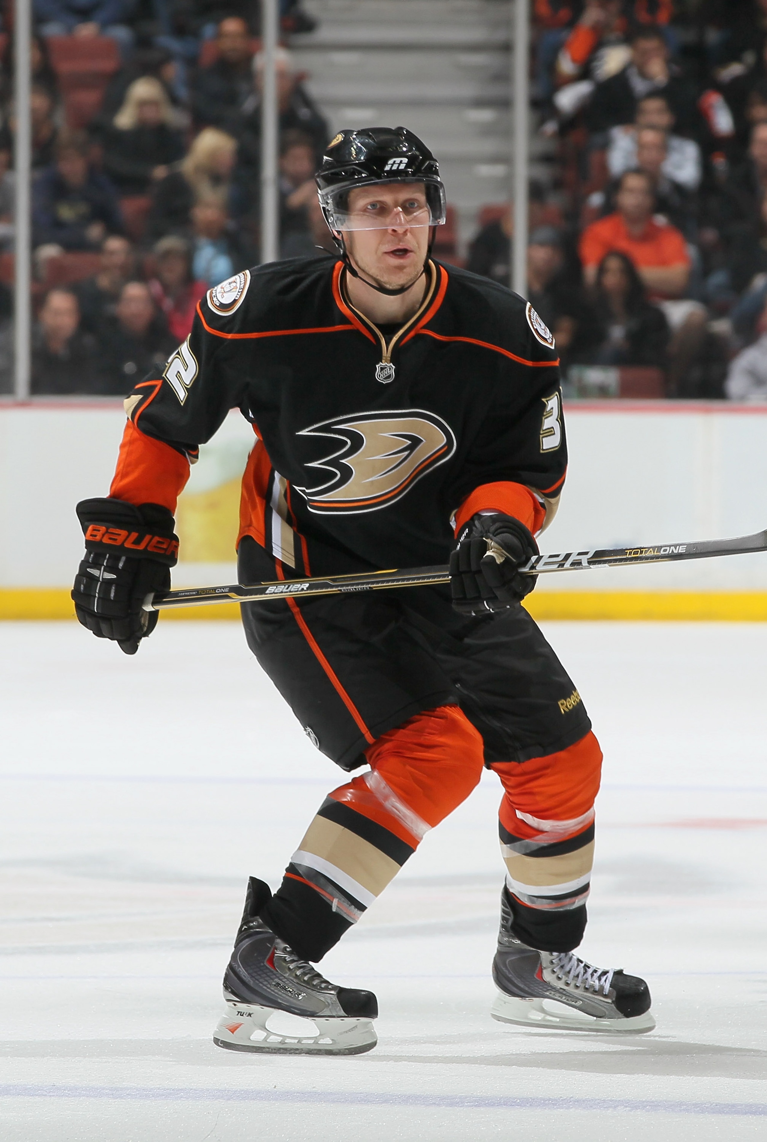 ANAHEIM, CA - DECEMBER 10:  Toni Lydman #32 of the Anaheim Ducks skates against the Calgary Flames at the Honda Center on December 10, 2010 in Anaheim, California.  (Photo by Jeff Gross/Getty Images)