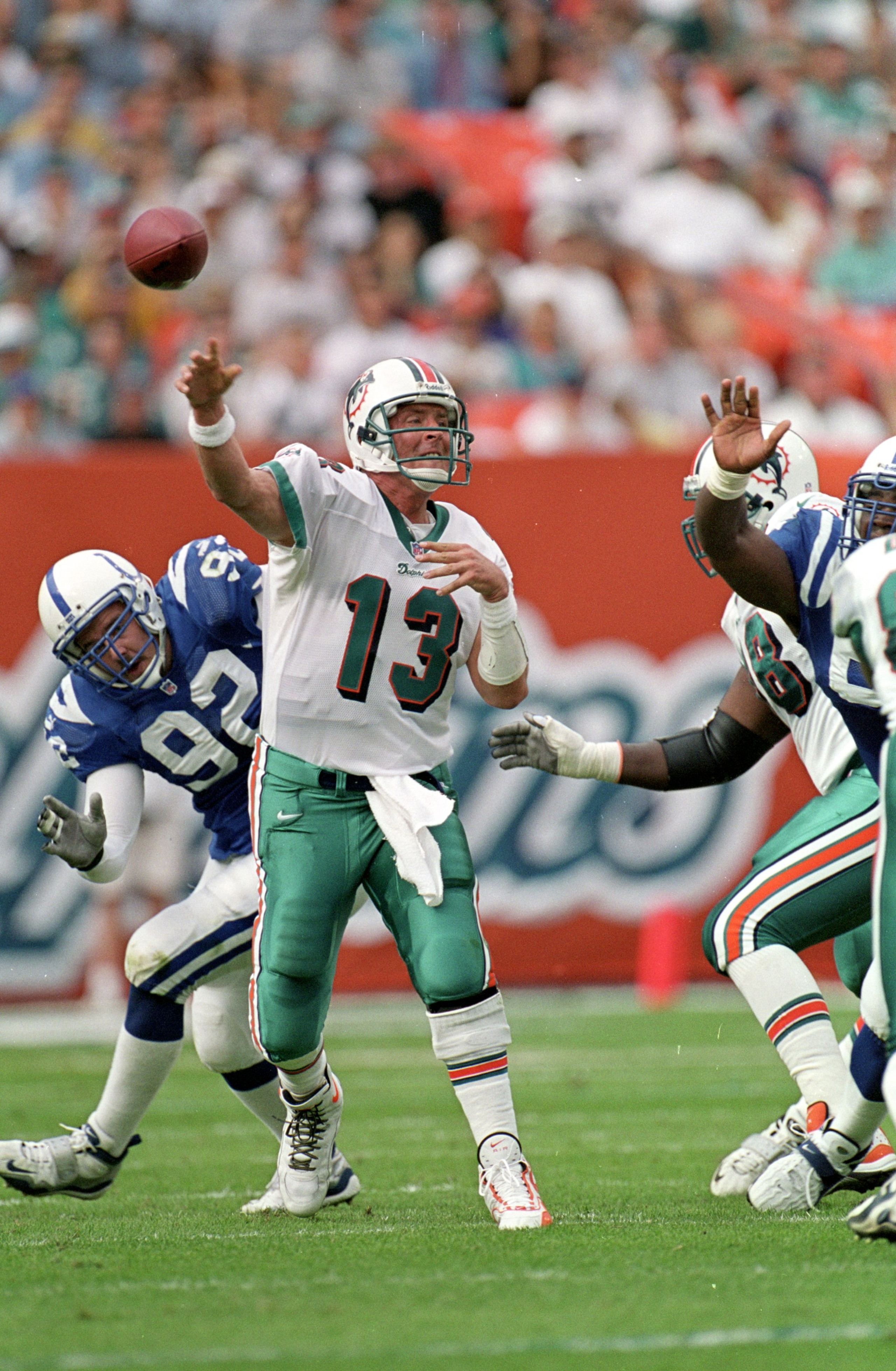 5 Dec 1999:  Dan Marino #13 of the Miami Dolphins passes the ball during the game against the Indianapolis Colts at the Pro Players Stadium in Miami, Florida. The Colts defeated the Dolphins 37-34. Mandatory Credit: Eliot J. Schechter  /Allsport