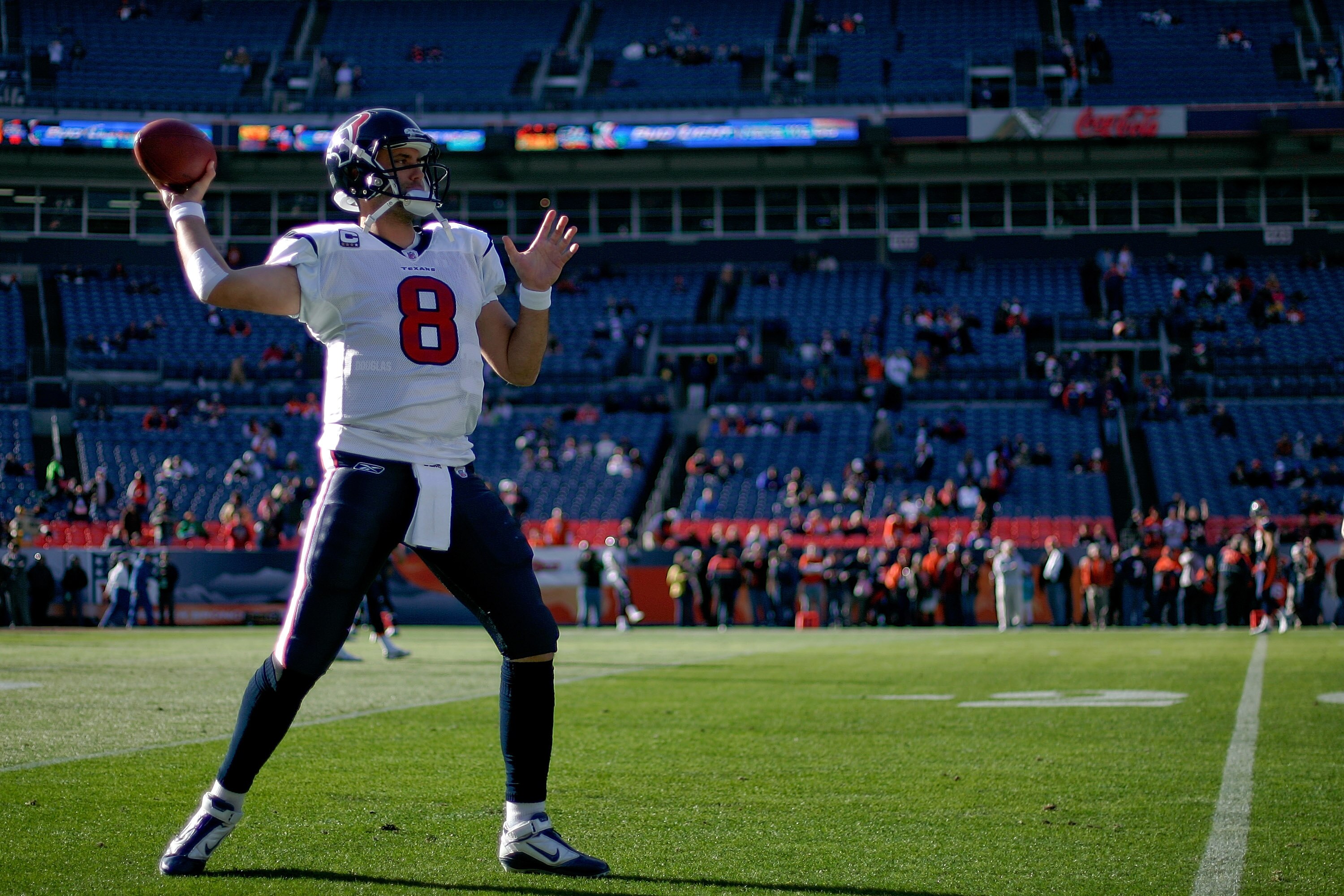 DENVER - DECEMBER 26:  Quarterback Matt Schaub #8 of the Houston Texans warms up before taking on the Denver Broncos at INVESCO Field at Mile High on December 26, 2010 in Denver, Colorado. (Photo by Justin Edmonds/Getty Images)