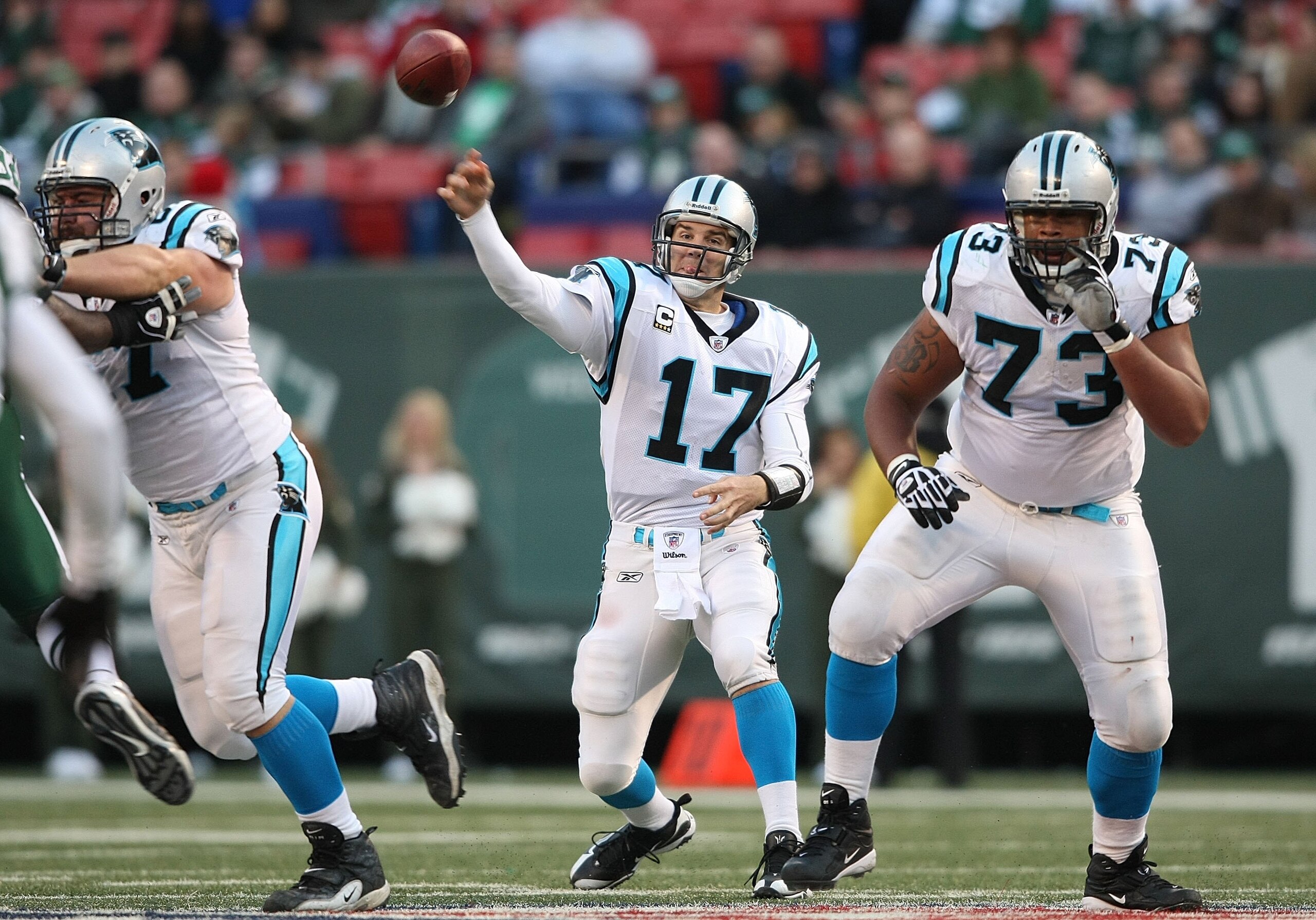 EAST RUTHERFORD, NJ - NOVEMBER 29:  Jake Delhomme #17 of the Carolina Panthers passes against the New York Jets at Giants Stadium on November 29, 2009 in East Rutherford, New Jersey.  (Photo by Nick Laham/Getty Images)