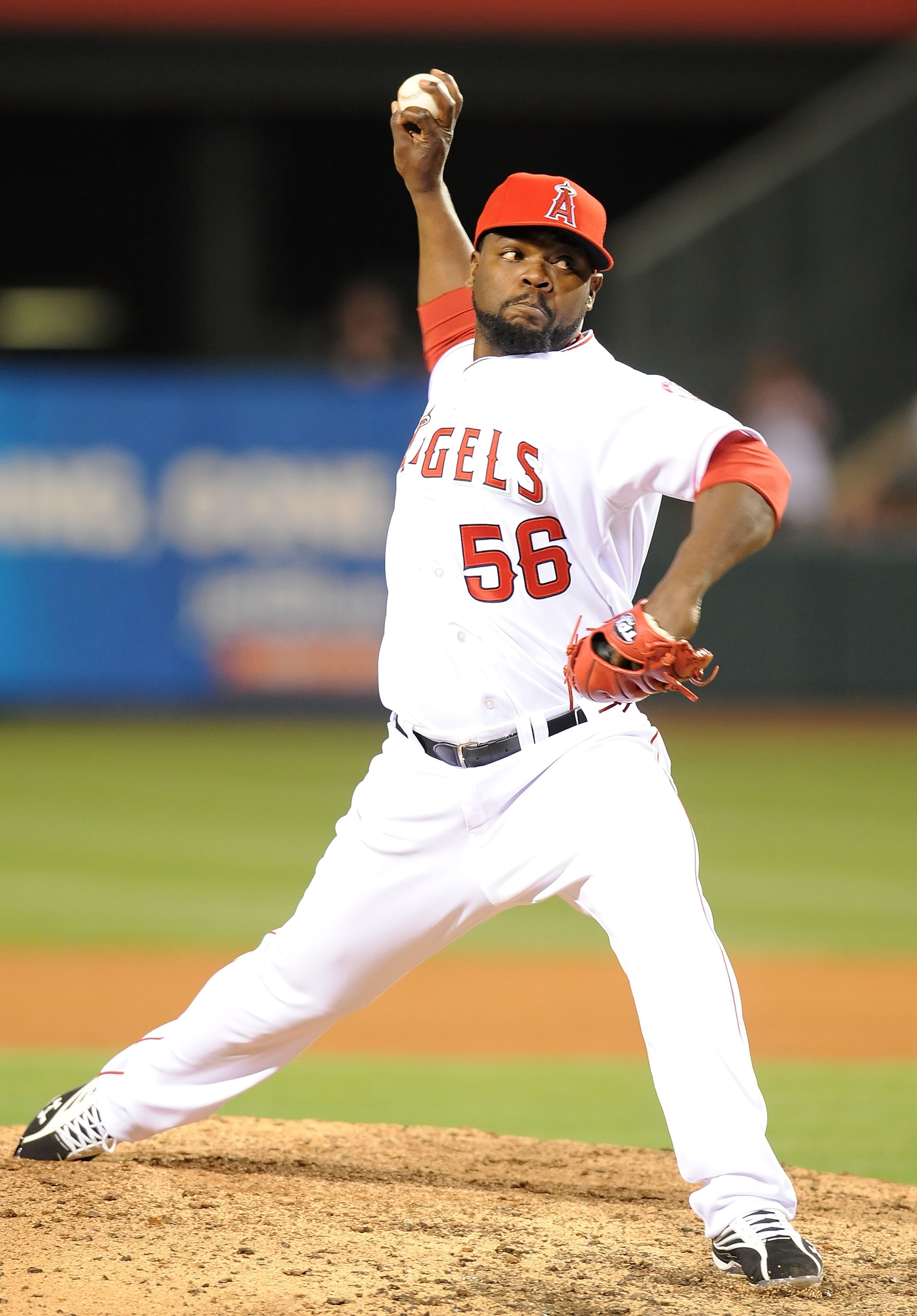 ANAHEIM, CA - APRIL 10:  Fernando Rodney #56 of the Los Angeles Angels of Anaheim pitches against the Oakland Athletics on April 10, 2010 in Anaheim, California.  (Photo by Lisa Blumenfeld/Getty Images)