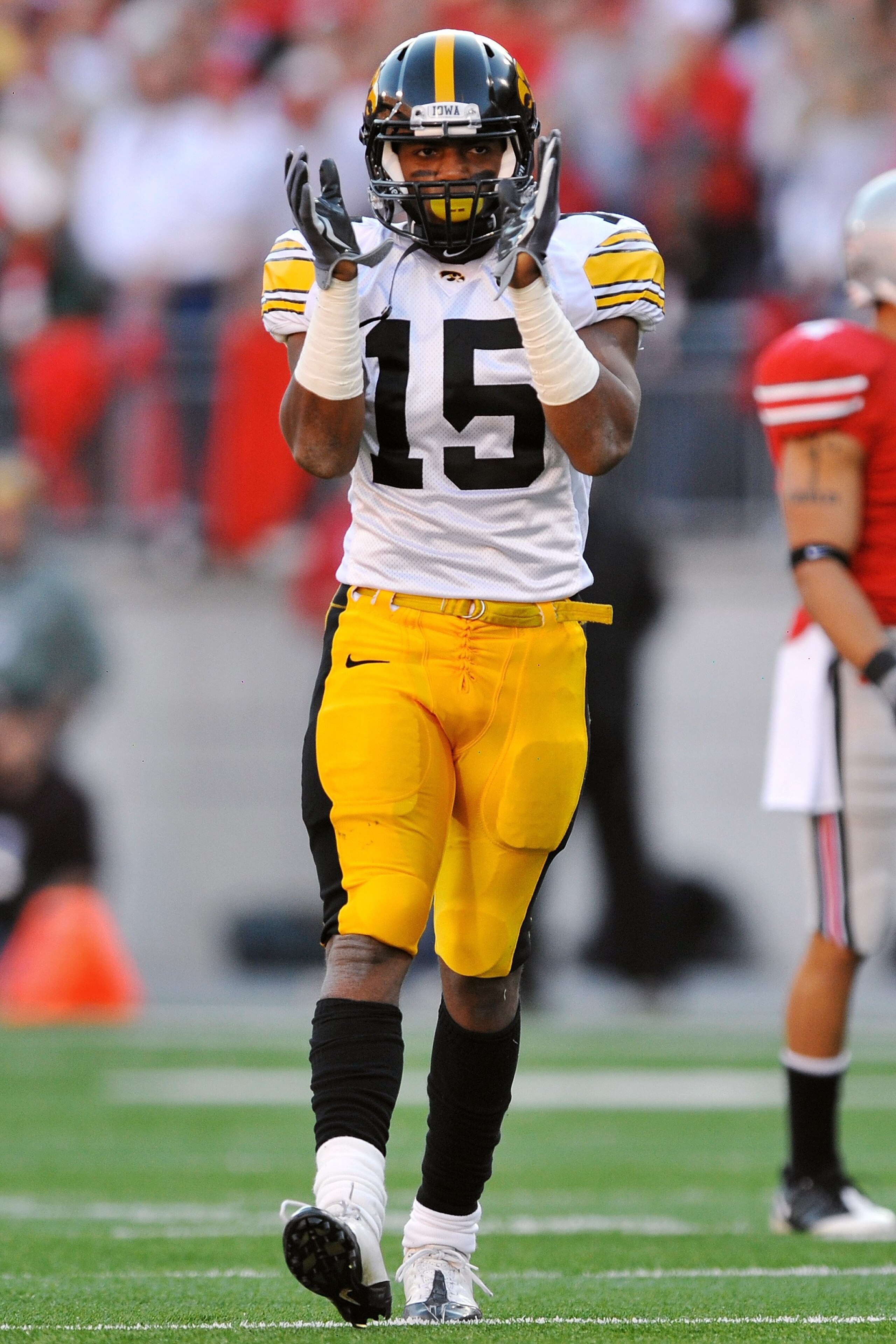 COLUMBUS, OH - NOVEMBER 14:  Split end Derrell Johnson-Koulianos #15 of the Iowa Hawkeyes celebrates after making a catch against the Ohio State Buckeyes at Ohio Stadium on November 14, 2009 in Columbus, Ohio.  (Photo by Jamie Sabau/Getty Images)