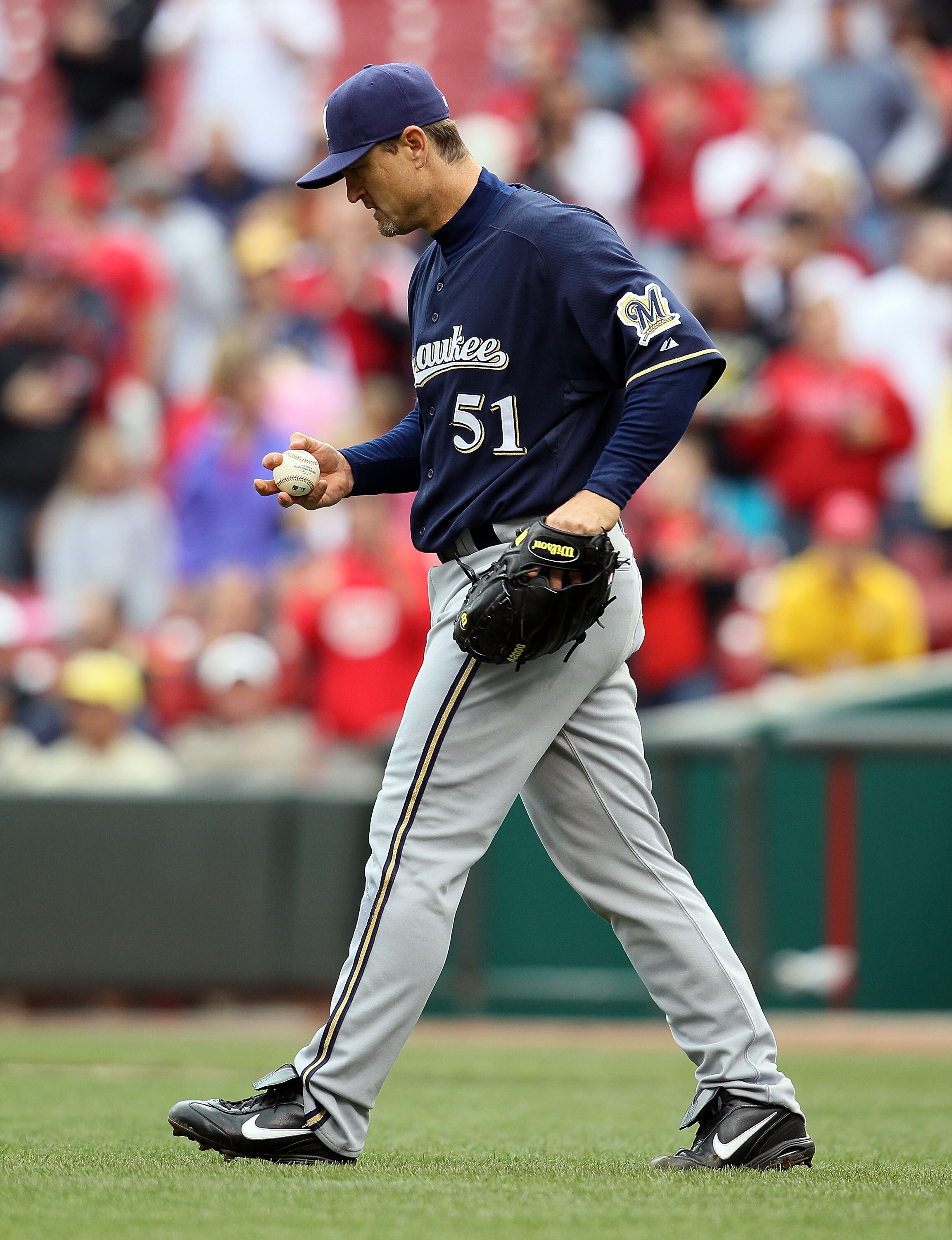 CINCINNATI - MAY 18:  Trevor Hoffman #51 of the Milwaukee Brewers is pictured after allowing a game tying two run home run in the 9th inning of the game against the Cincinnati Reds at Great American Ball Park on May 18, 2010 in Cincinnati, Ohio. The Reds