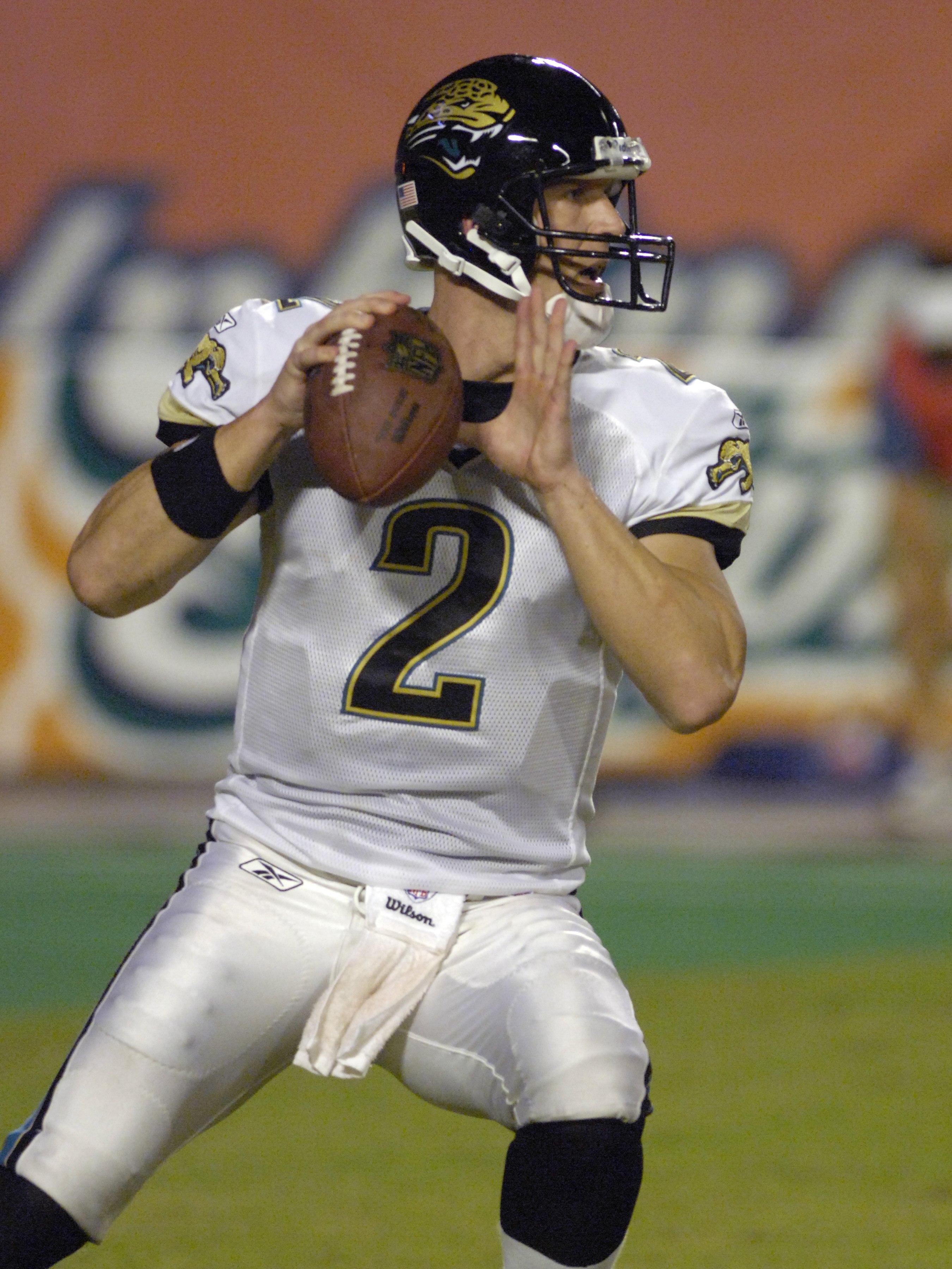 MIAMI, FL - AUGUST 11: Quarterback Tim Couch #2 of the Jacksonville Jaguars sets to pass against the Miami Dolphins at Dolphin Stadium on August 11, 2007 in Miami, Florida. (Photo by Al Messerschmidt/Getty Images)