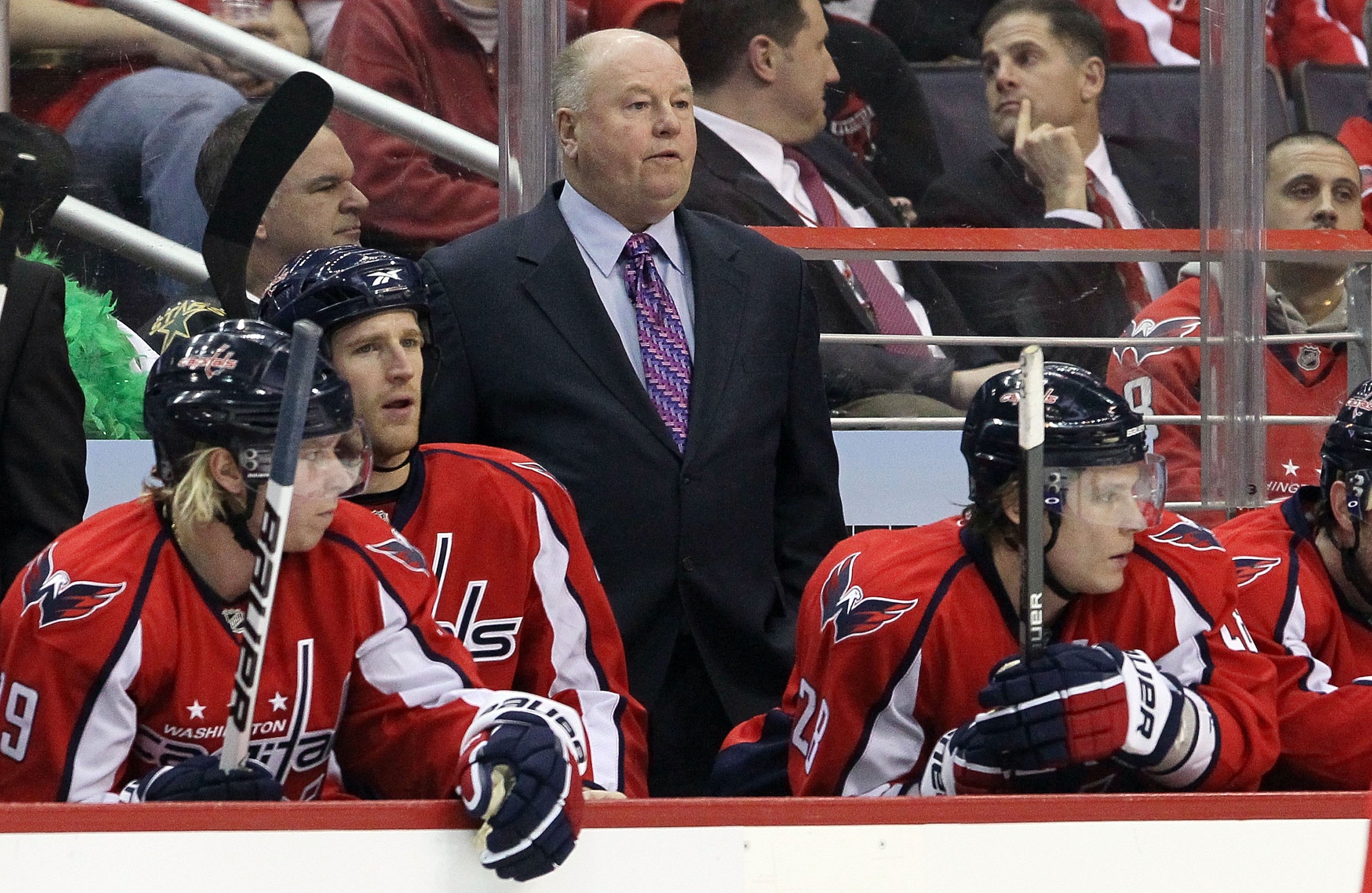 WASHINGTON DC, DC - MARCH 08:  Head coach Bruce Boudreau of the Washington Capitals looks on against the Dallas Stars on March 8, 2010 at the Verizon Center in Washington, DC. The Stars defeated the Caps 4-3 after a shootout.  (Photo by Jim McIsaac/Getty