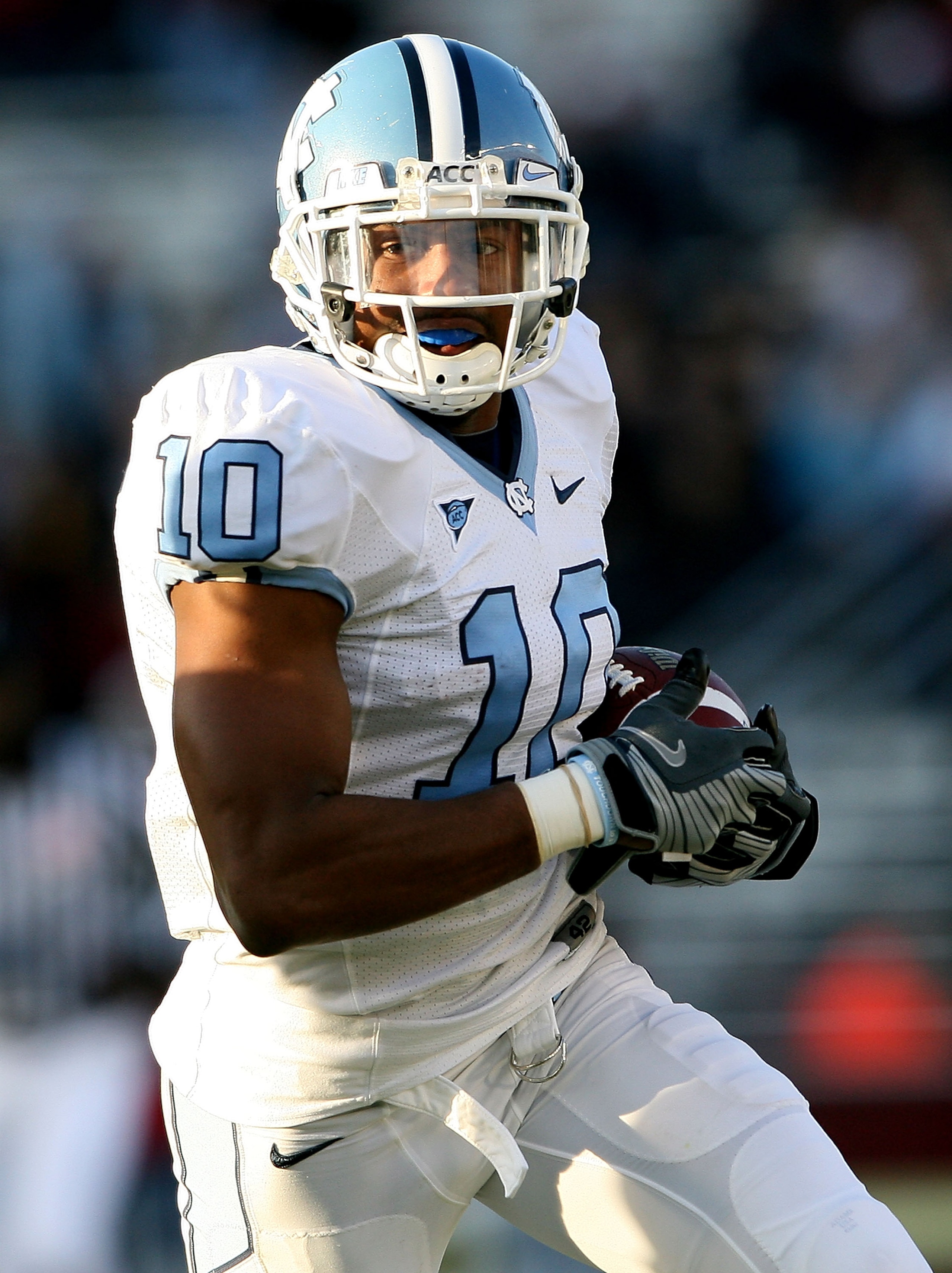 CHESTNUT HILL, MA - NOVEMBER 21:  Melvin Williams #10 of the North Carolina Tar Heels carries the ball after he intercepted a pass in the fourth quarter against the Boston College Eagles on November 21, 2009 at Alumni Stadium in Chestnut Hill, Massachuset