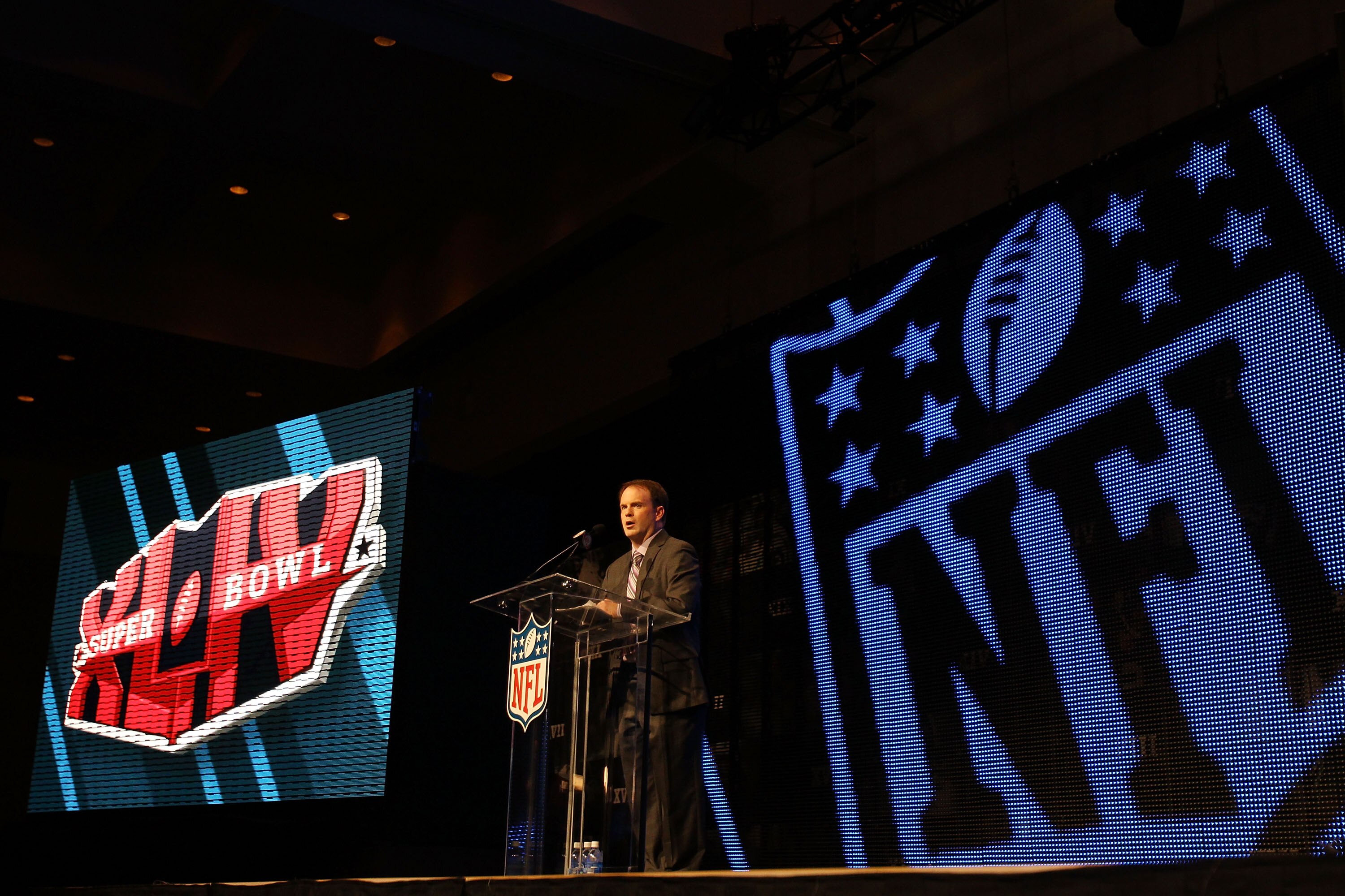 FORT LAUDERDALE, FL - FEBRUARY 04:  Brian McCarthy, VP of Corporate Communications for the NFL, speaks to members of the media during the Pregame Show and National Anthem Press Conference held at the Fort Lauderdale Convention Center as part of media week