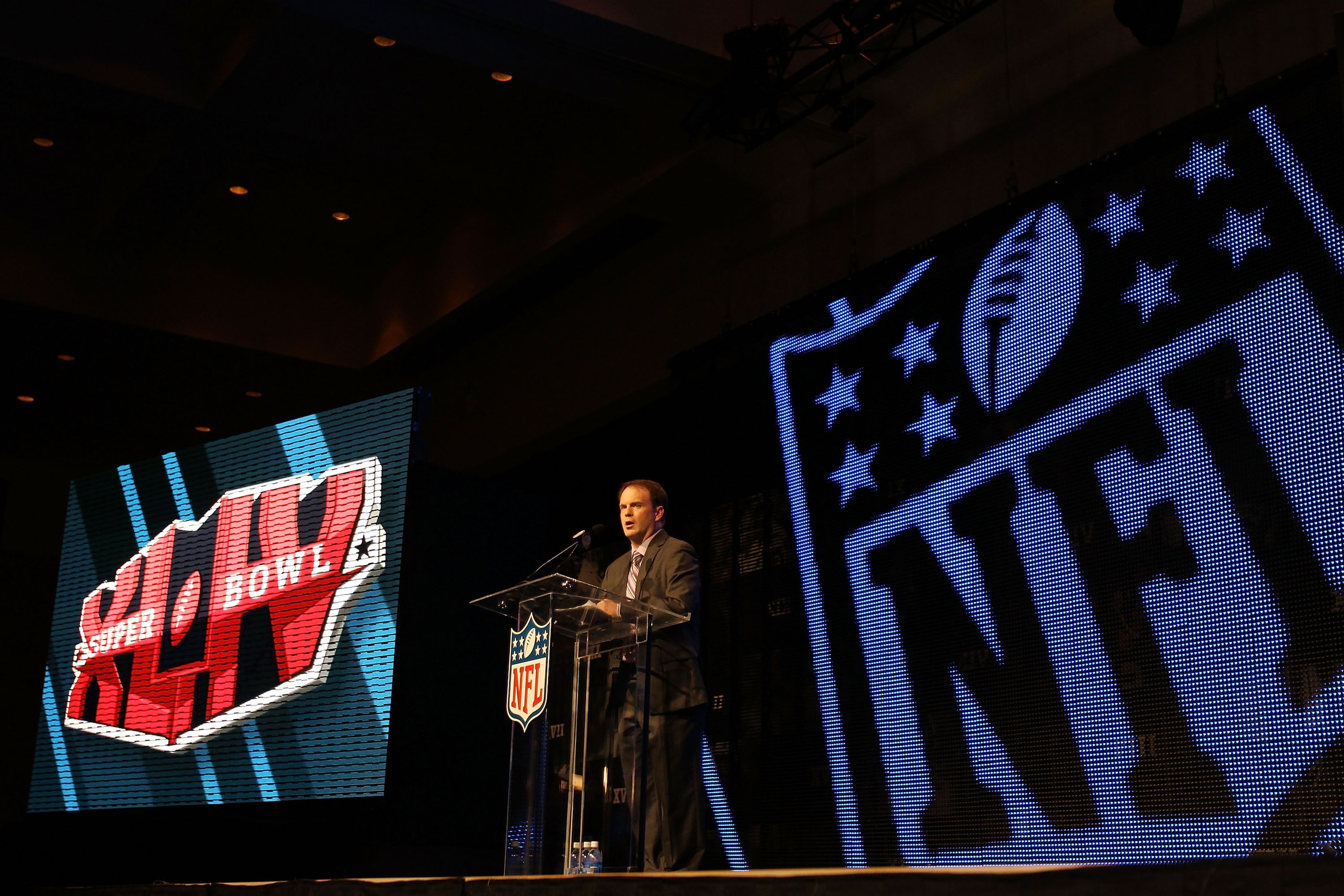 FORT LAUDERDALE, FL - FEBRUARY 04:  Brian McCarthy, VP of Corporate Communications for the NFL, speaks to members of the media during the Pregame Show and National Anthem Press Conference held at the Fort Lauderdale Convention Center as part of media week