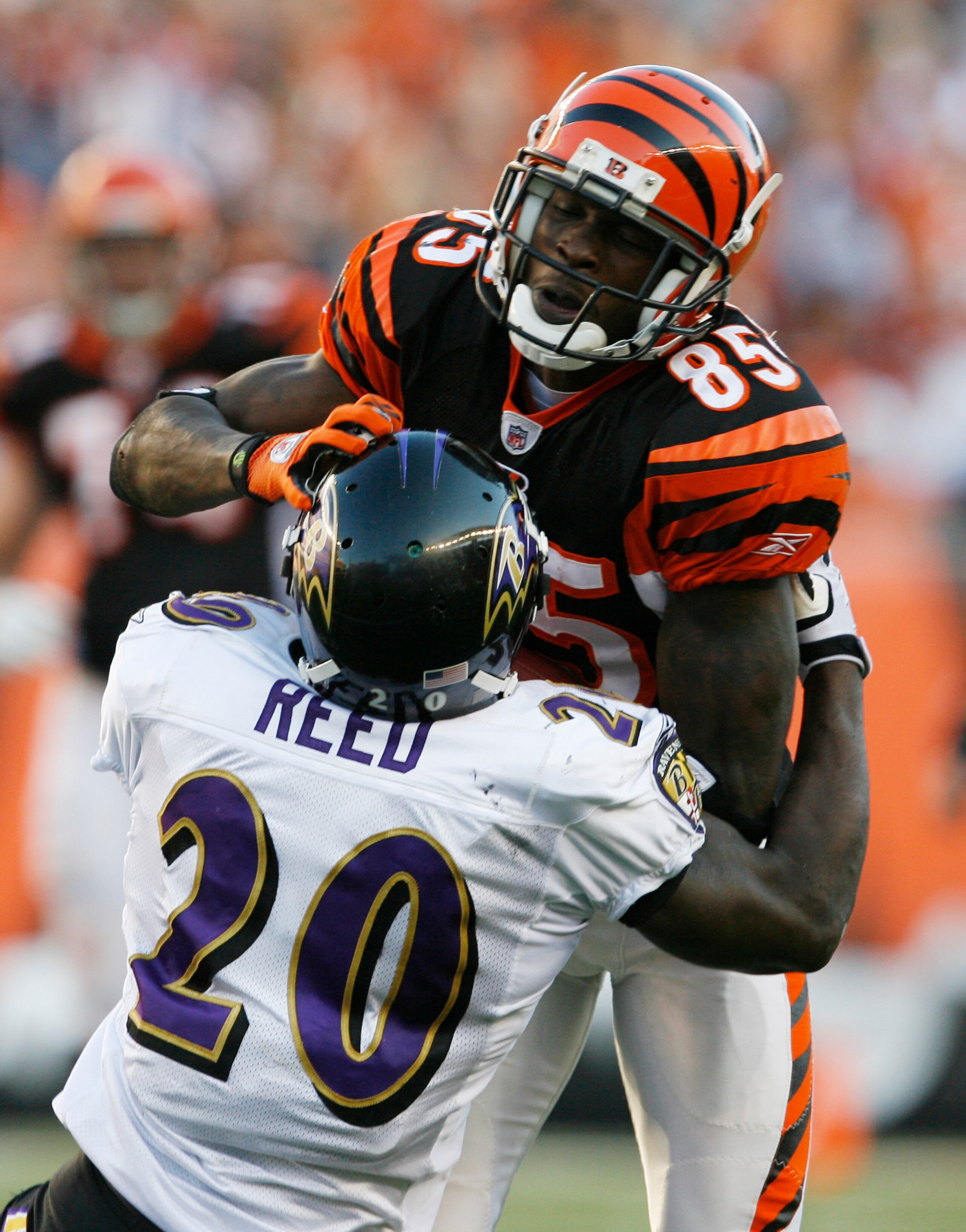 CINCINNATI - NOVEMBER 8: Chad Ochocinco #85 of the Cincinnati Bengals is tackled by Ed Reed #20 of the Baltimore Ravens at Paul Brown Stadium on November 8, 2009 in Cincinnati, Ohio. (Photo by John Sommers II/Getty Images) CINCINNATI - NOVEMBER 8: Chad Ochocinco #85 of the Cincinnati Bengals is tackled by Ed Reed #20 of the Baltimore Ravens at Paul Brown Stadium on November 8, 2009 in Cincinnati, Ohio. (Photo by John Sommers II/Getty Images)