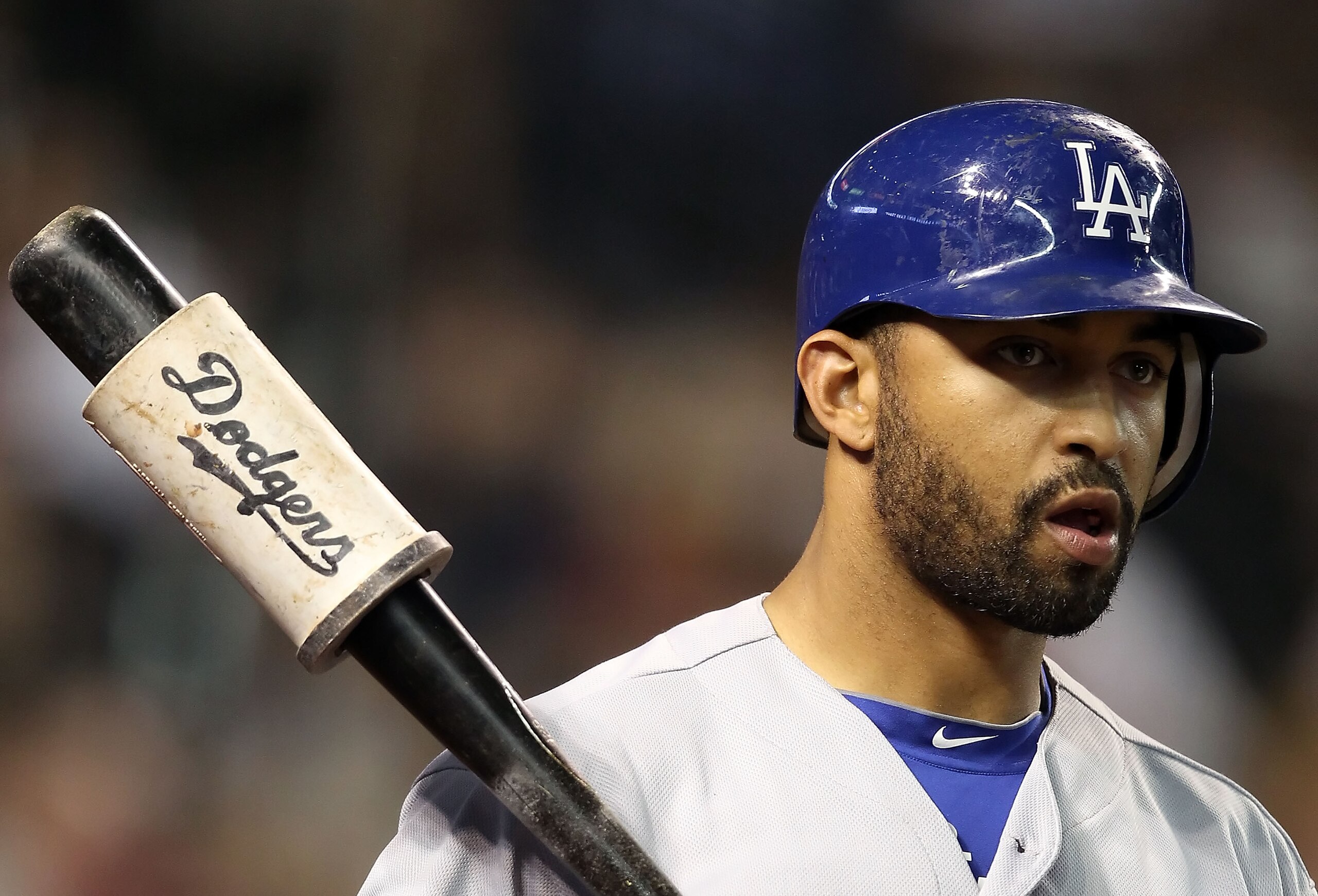 PHOENIX - JULY 03:  Matt Kemp #27 of the Los Angeles Dodgers on deck during the Major League Baseball game against the Arizona Diamondbacks at Chase Field on July 3, 2010 in Phoenix, Arizona.  (Photo by Christian Petersen/Getty Images)