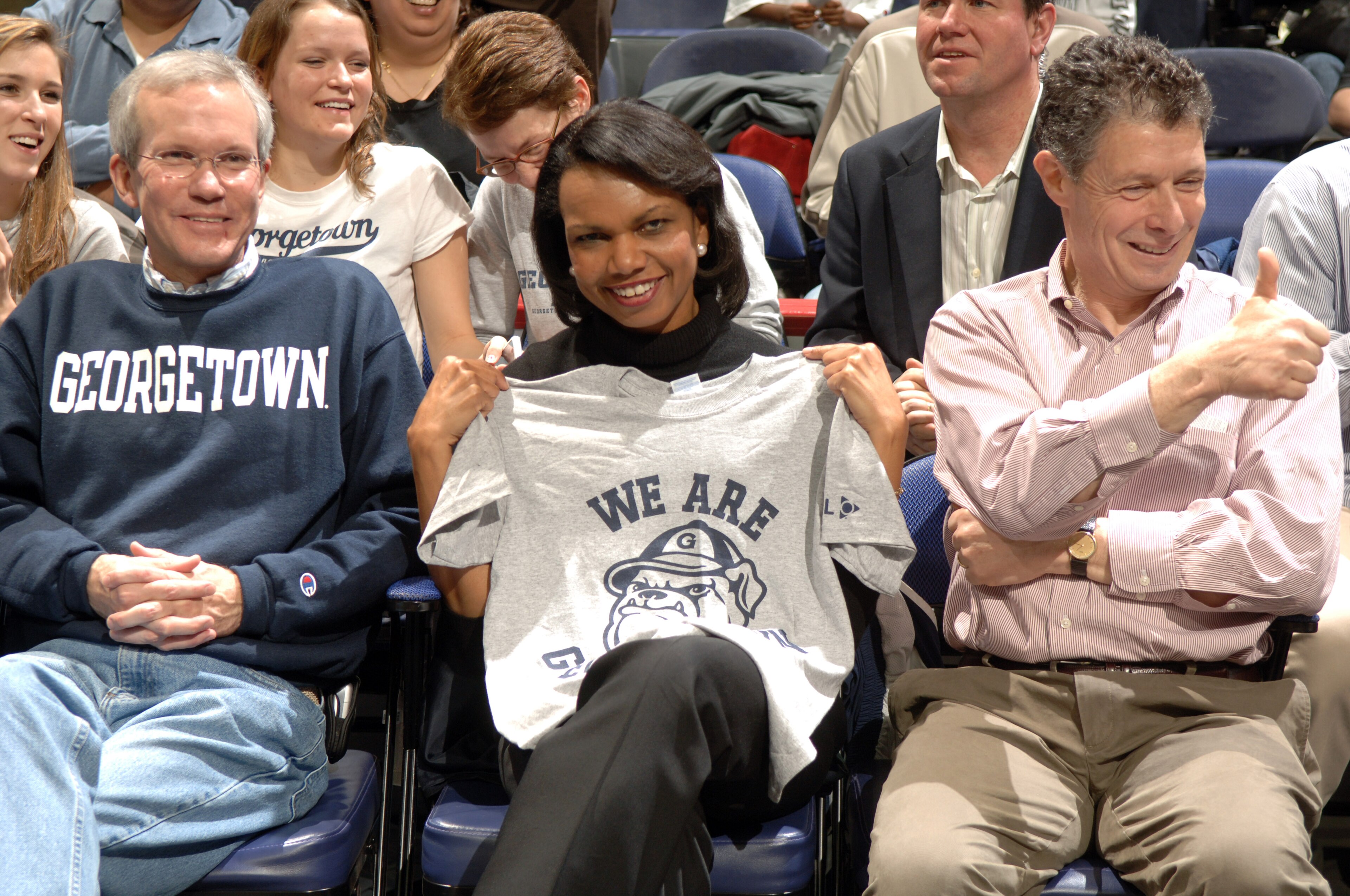 WASHINGTON - MARCH 8:  US Secretary of State Condoleezza Rice attends a Georgetown Hoyas basketball game against the Louisville Cardinals at Verizon Center on March 8, 2008 in Washington, D.C.  (Photo by Mitchell Layton/Getty Images)