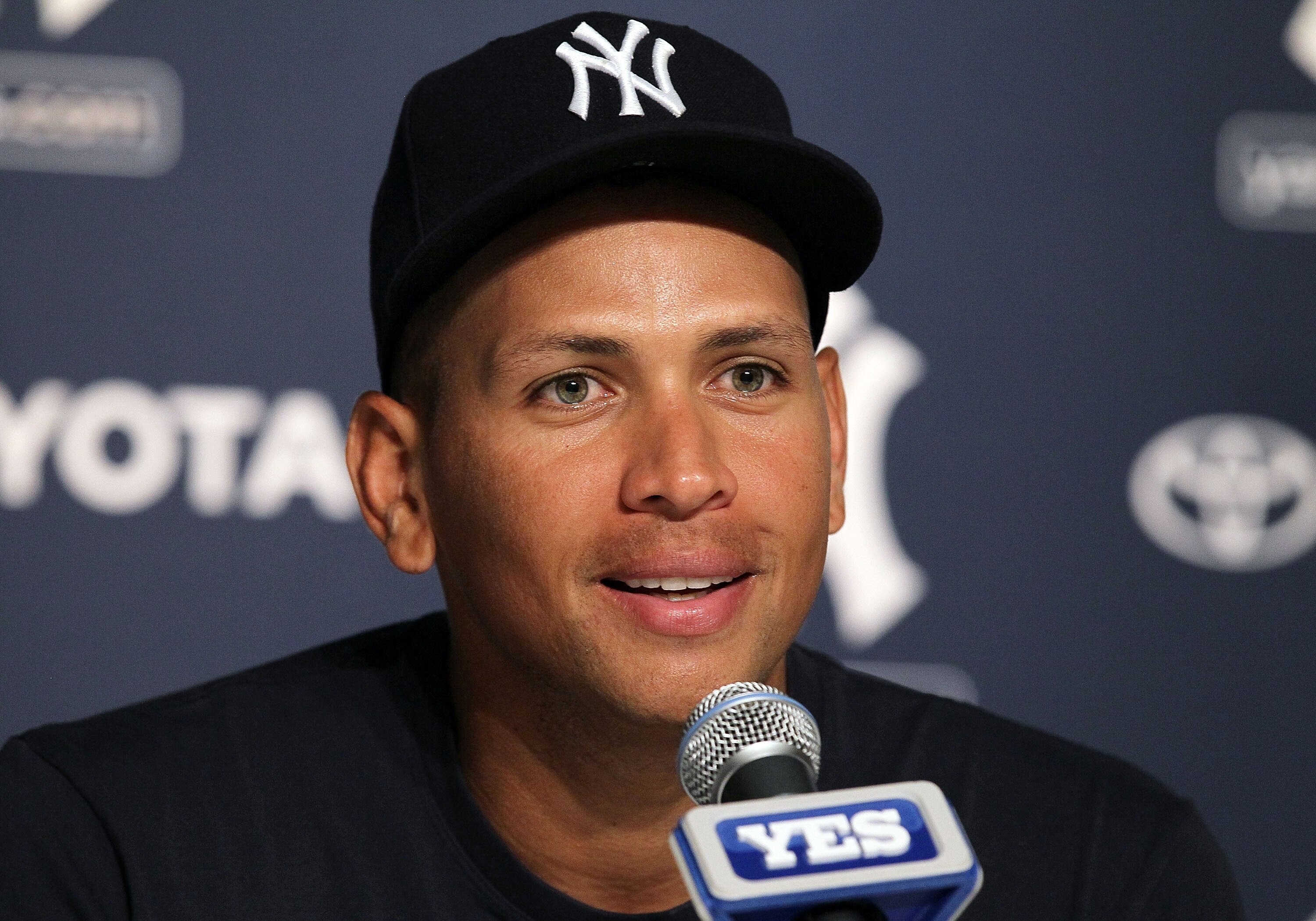 NEW YORK - AUGUST 04:  Alex Rodriguez #13 of the New York Yankees speaks to the media after hitting his 600th career home run. Rodriguez hit a first inning two run home run against pitcher Shaun Marcum of the Toronto Blue Jays on August 4, 2010 at Yankee