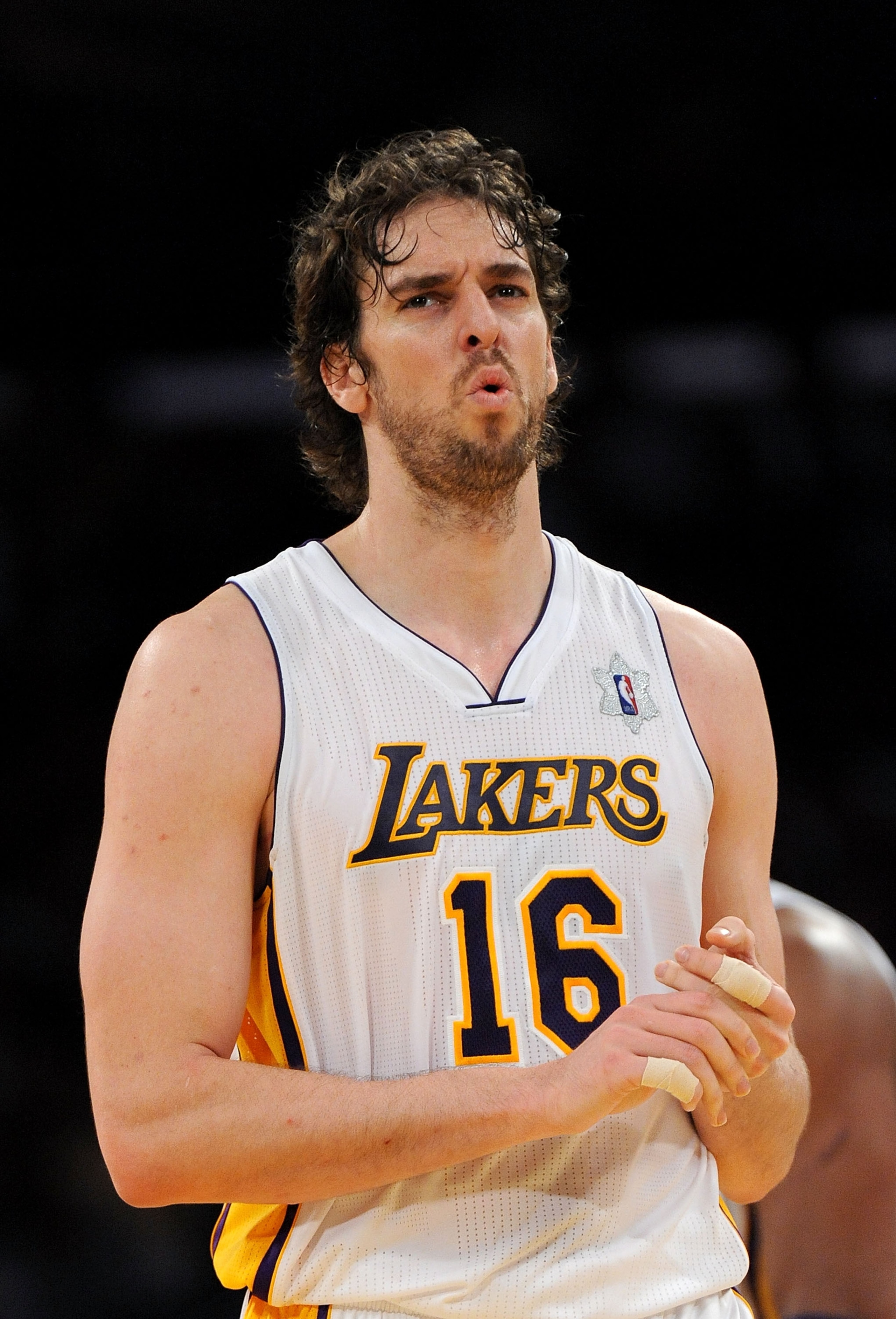 LOS ANGELES, CA - DECEMBER 25:  Pau Gasol #16 of the Los Angeles Lakers reacts during the game against the Miami Heat at Staples Center on December 25, 2010 in Los Angeles, California. NOTE TO USER: User expressly acknowledges and agrees that, by download