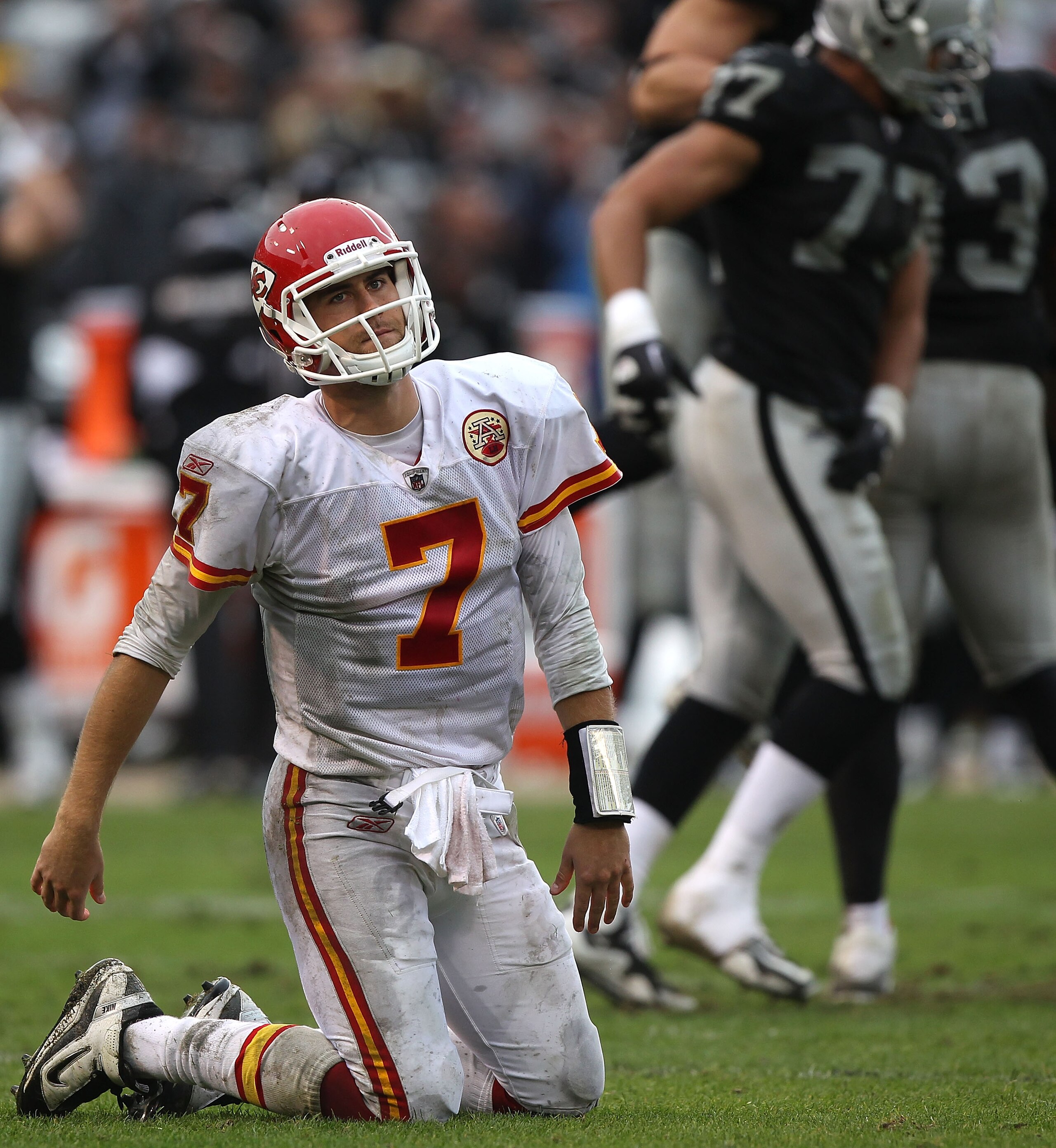 OAKLAND, CA - NOVEMBER 07:  Matt Cassel #7 of the Kansas City Chiefs is sacked against the Oakland Raiders during an NFL game at Oakland-Alameda County Coliseum on November 7, 2010 in Oakland, California.  (Photo by Jed Jacobsohn/Getty Images)