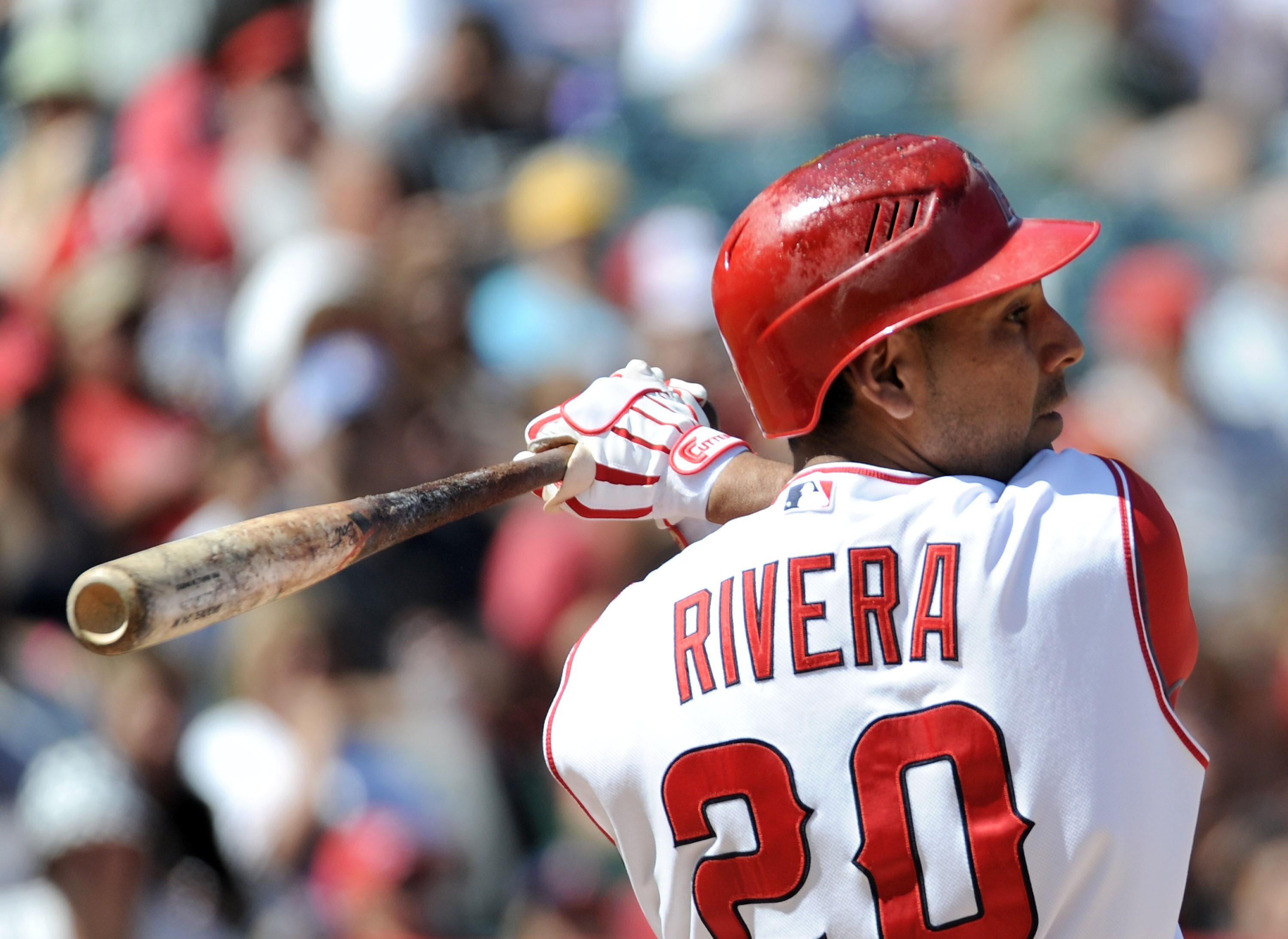 ANAHEIM, CA - SEPTEMBER 12:  Juan Rivera #20 of the Los Angeles Angels of Anaheim at bat against the Seattle Mariners during the game at Angel Stadium on September 12, 2010 in Anaheim, California.  (Photo by Harry How/Getty Images)
