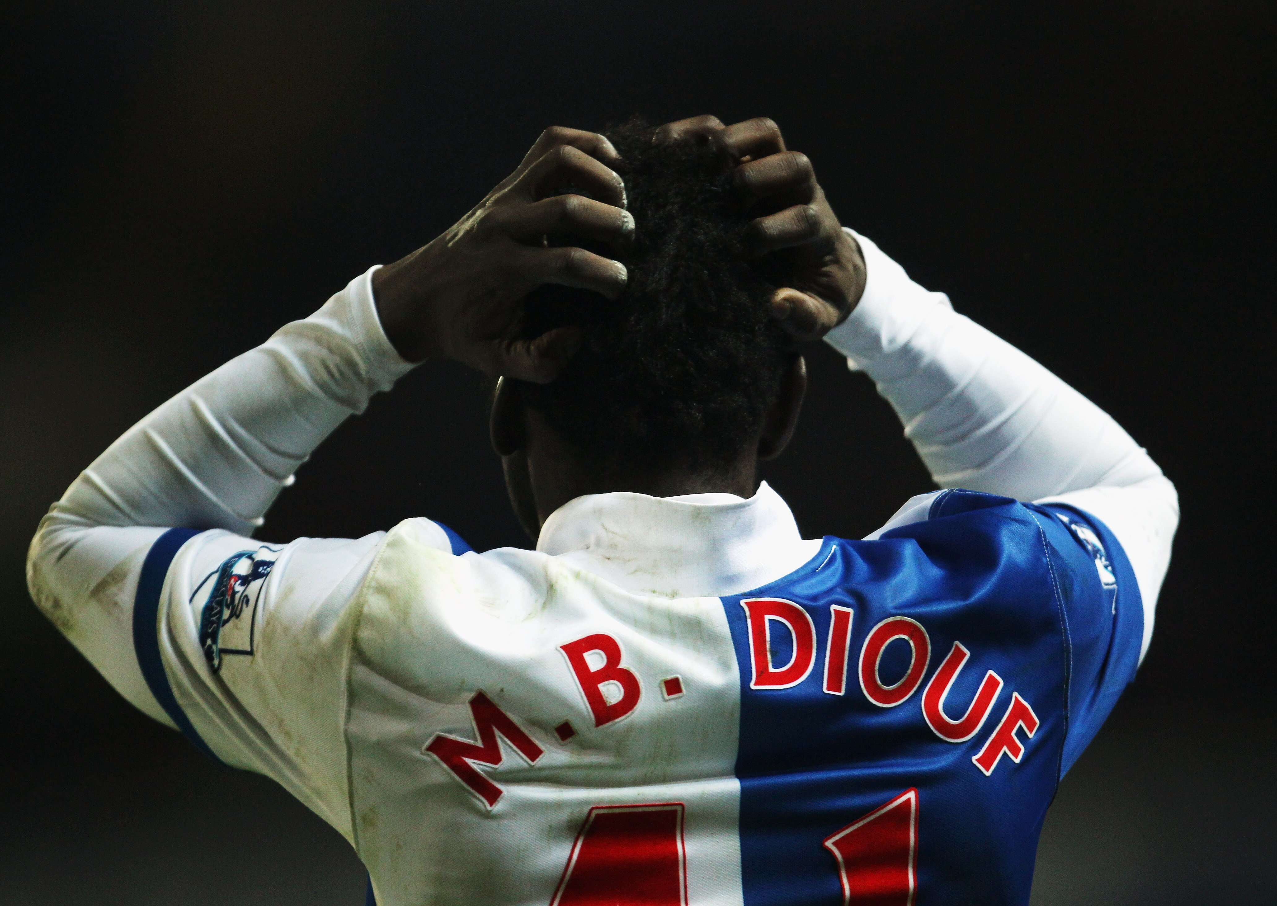 BLACKBURN, ENGLAND - DECEMBER 26:  Mame Biram Diouf of Blackburn Rovers shows his frustration during the Barclays Premier League match between Blackburn and Stoke City at Ewood Park on December 26, 2010 in Blackburn, England.  (Photo by Bryn Lennon/Getty