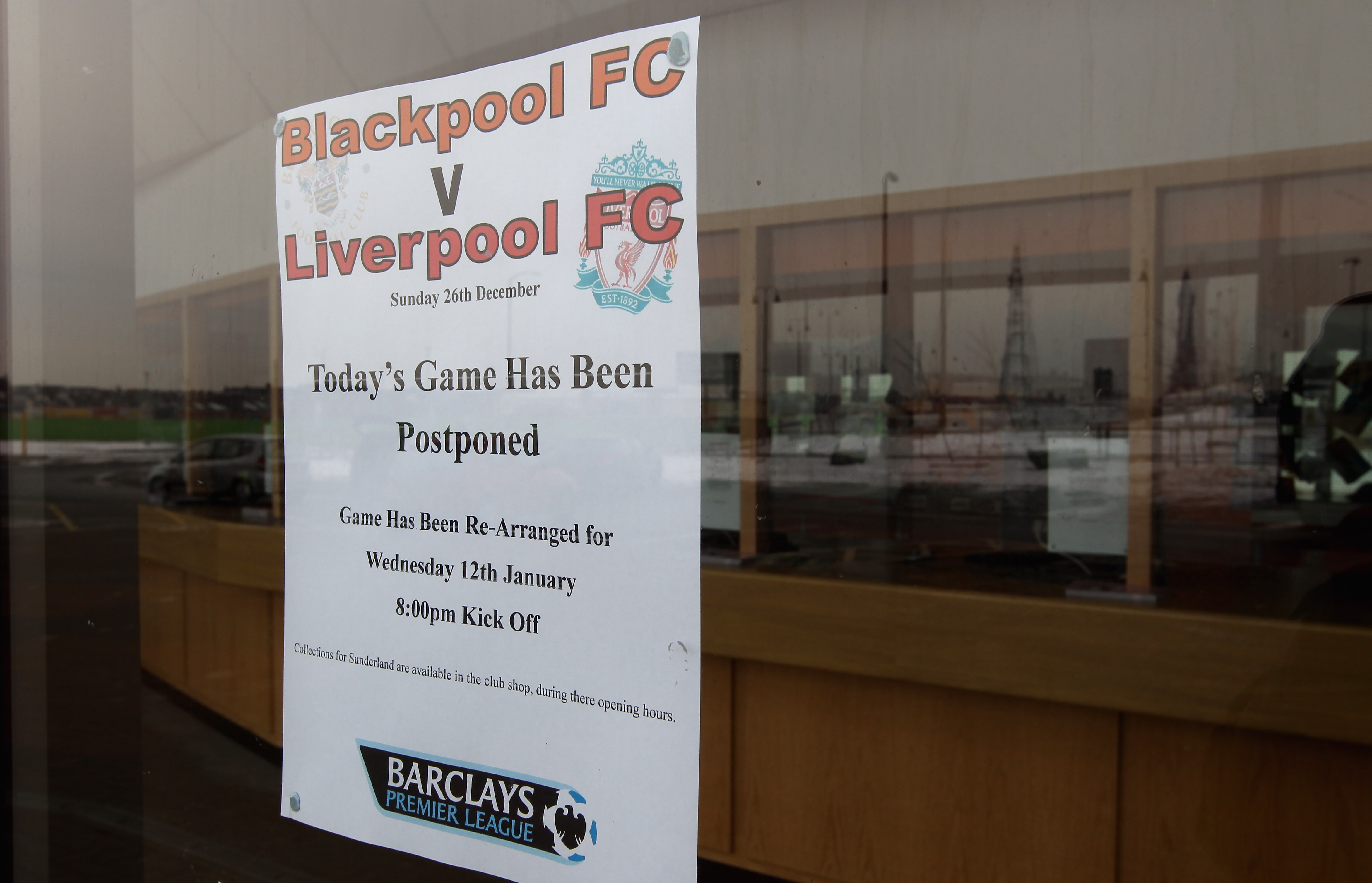 BLACKPOOL, ENGLAND - DECEMBER 26:  A notice placed outside Blackpools ground Bloomfield Road after the pitch inspection calling the match off prior to the Barclays Premier League match between Blackpool and Liverpool on December 26, 2010 in Blackpool, Eng