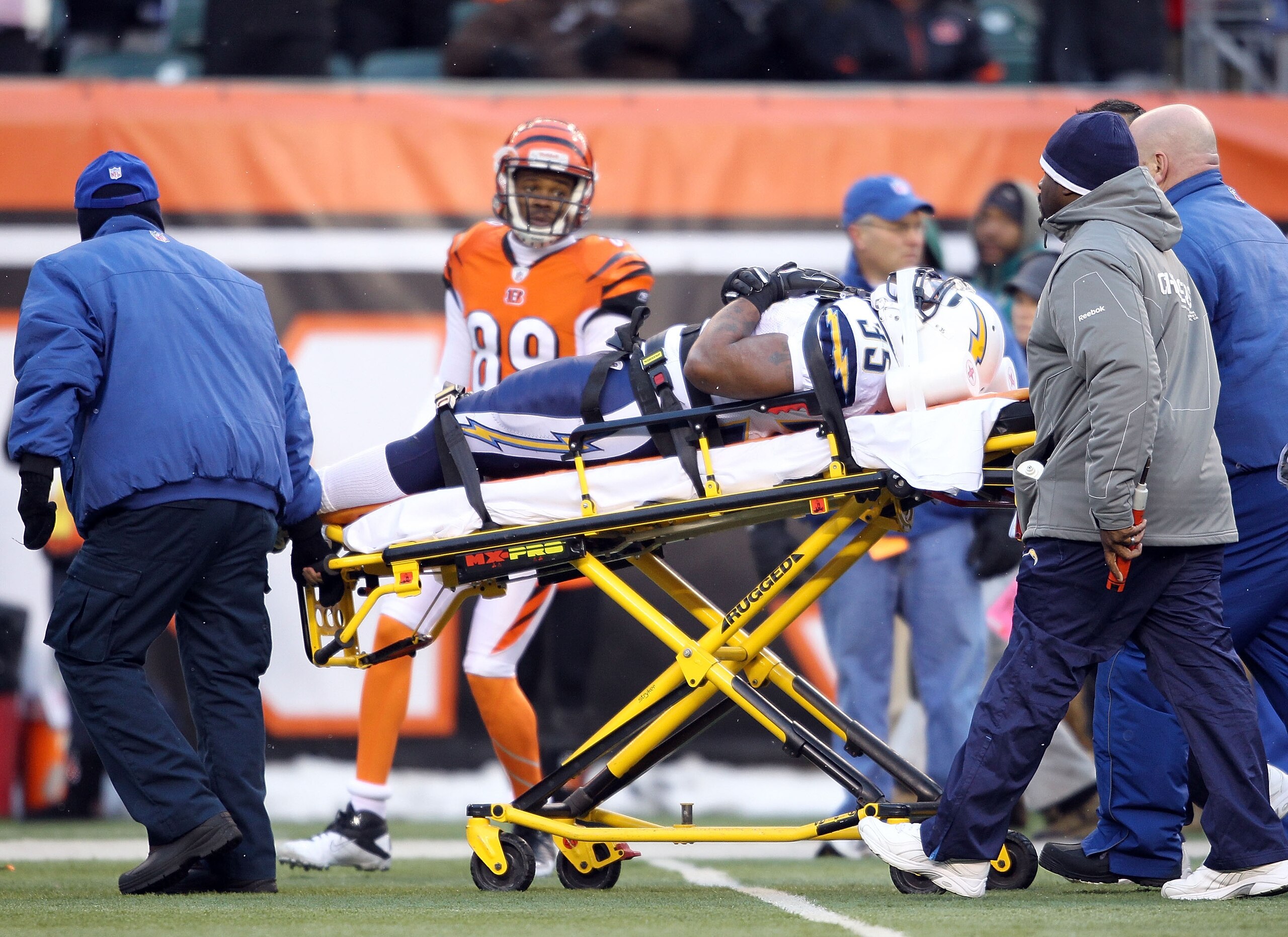 CINCINNATI - DECEMBER 26:  Mike Tolbert #35 of the San Diego Chargers is taken off of the field after he was injured during the NFL game against the Cincinnati Bengals at Paul Brown Stadium on December 26, 2010 in Cincinnati, Ohio.  (Photo by Andy Lyons/G