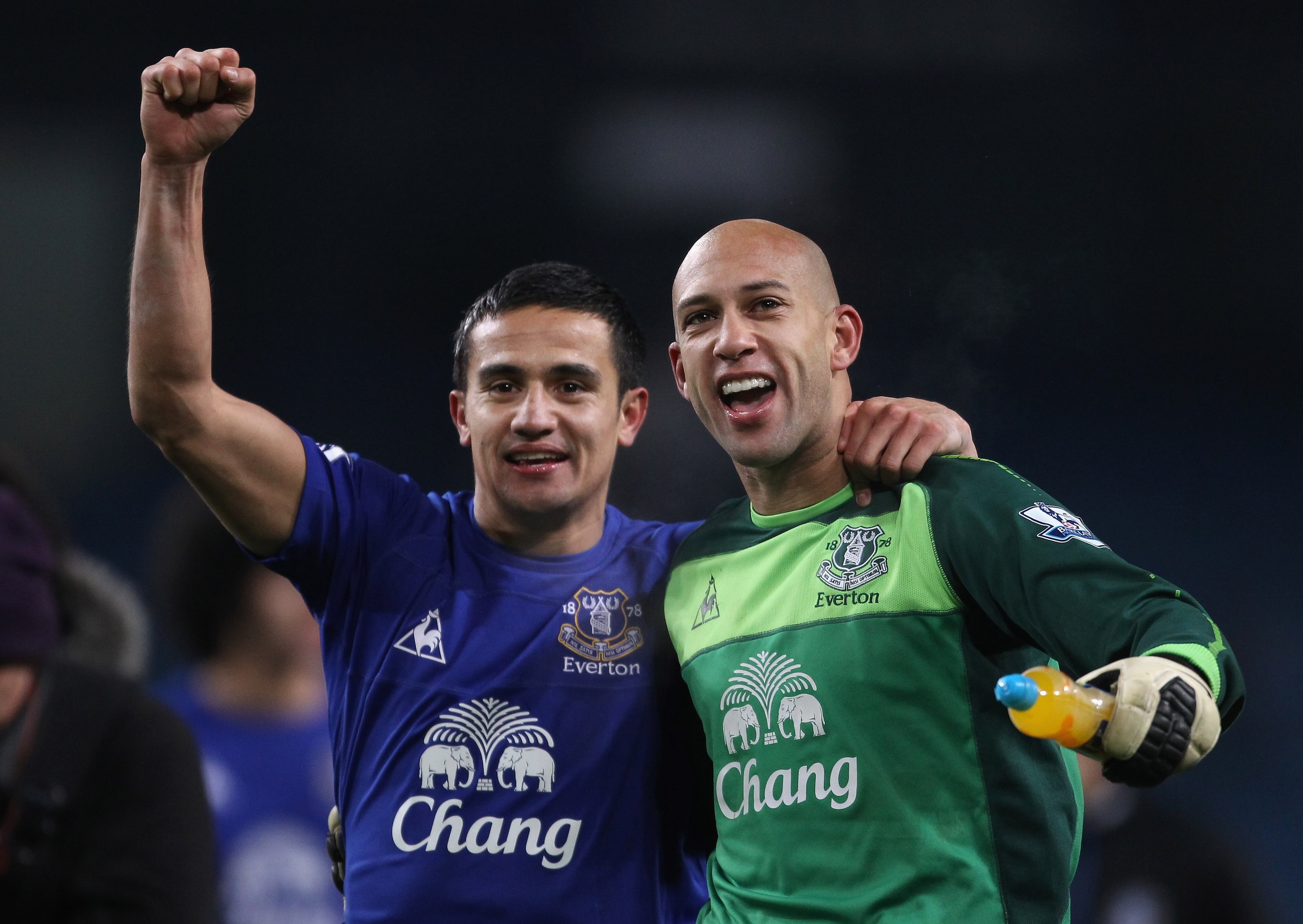 MANCHESTER, ENGLAND - DECEMBER 20:  Tim Cahill and Tim Howard of Everton after victory over Manchester City in the Barclays Premier League match between Manchester City and Everton at City of Manchester Stadium on December 20, 2010 in Manchester, England.