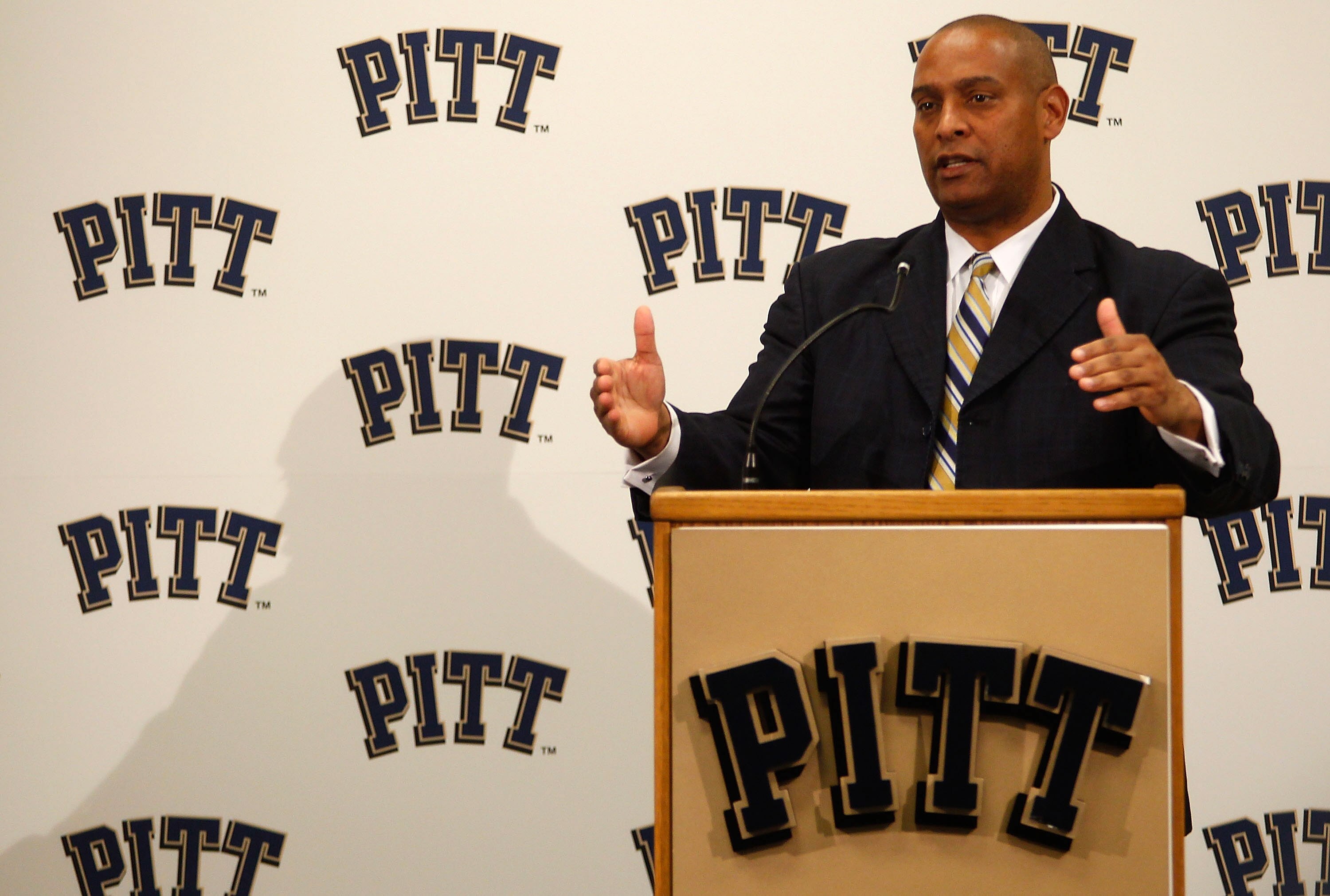 PITTSBURGH - DECEMBER 16:  The new University of Pittsburgh head football coach, Mike Haywood, speaks during a press conference on December 16, 2010 at the University of Pittsburgh Panthers South Side training facility in Pittsburgh, Pennsylvania.  (Photo