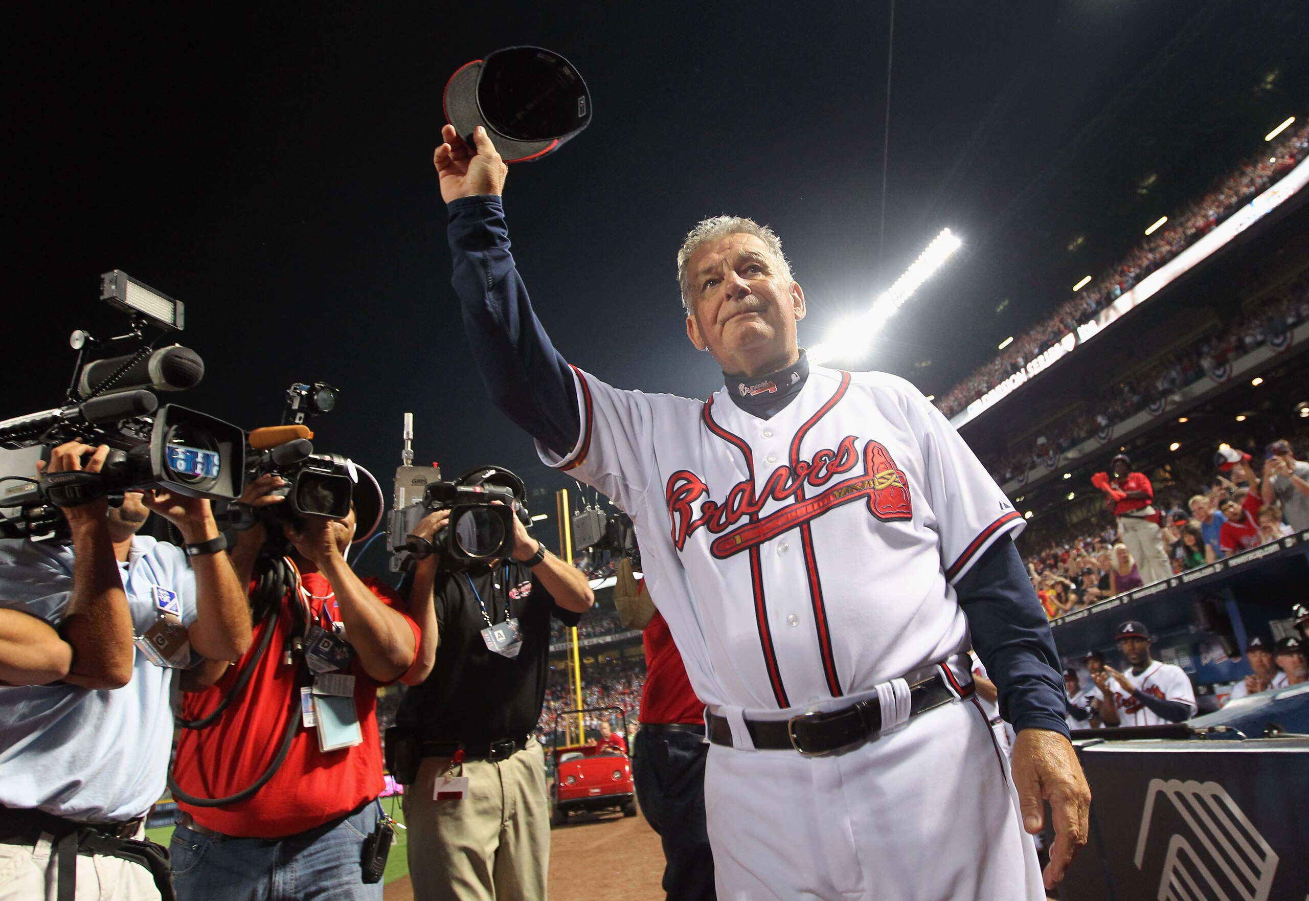 ATLANTA - OCTOBER 11:  Manager Bobby Cox #6 of the Atlanta Braves waves to the crowd after the Braves were defeated by the San Francisco Giants 3-2 during Game Four of the NLDS of the 2010 MLB Playoffs on October 11, 2010  at Turner Field in Atlanta, Geor