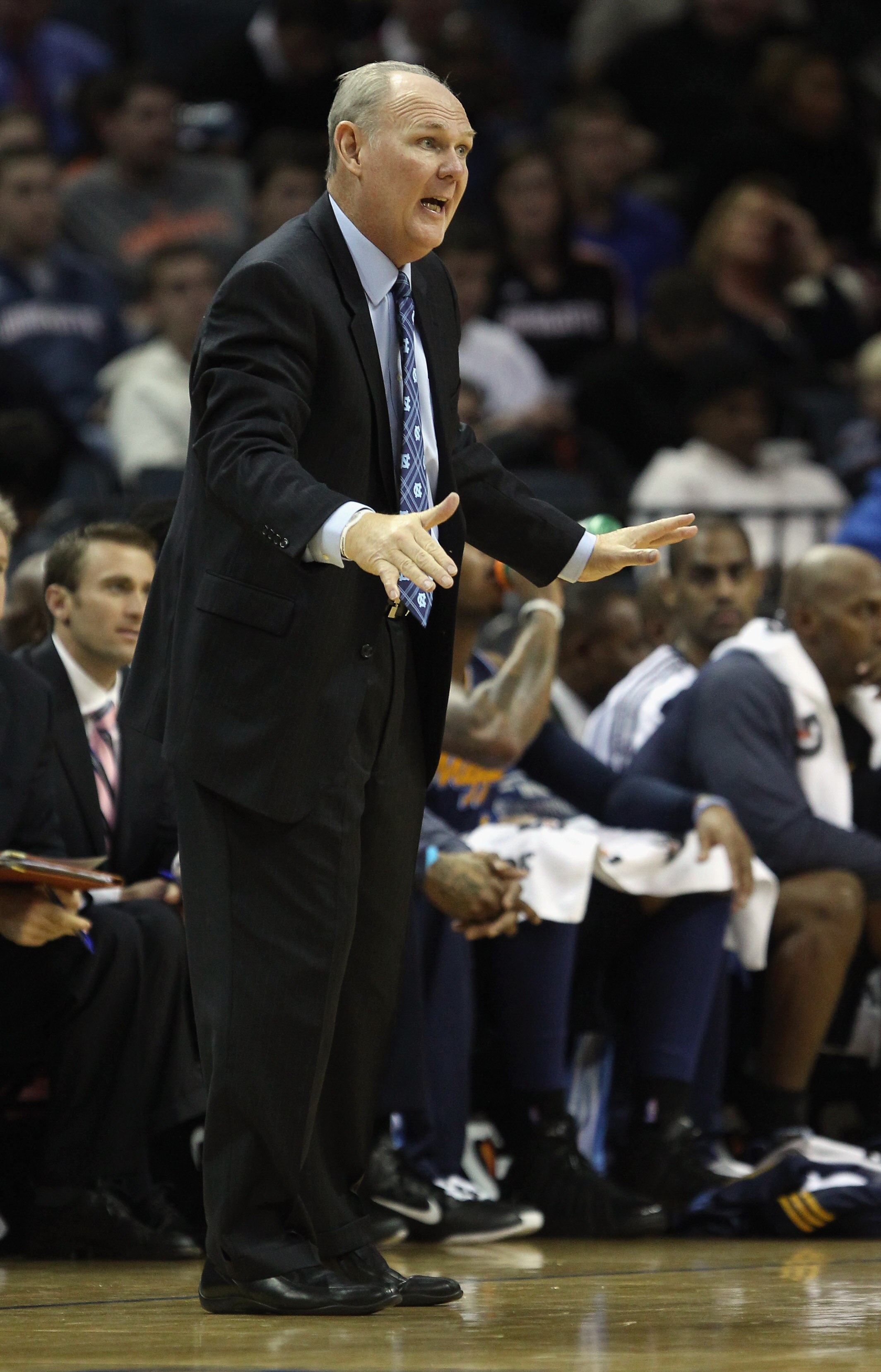 CHARLOTTE, NC - DECEMBER 07:  Head coach George Karl of the Denver Nuggets talks to his team from the sidelines against the Charlotte Bobcats during their game at Time Warner Cable Arena on December 7, 2010 in Charlotte, North Carolina.  NOTE TO USER: Use