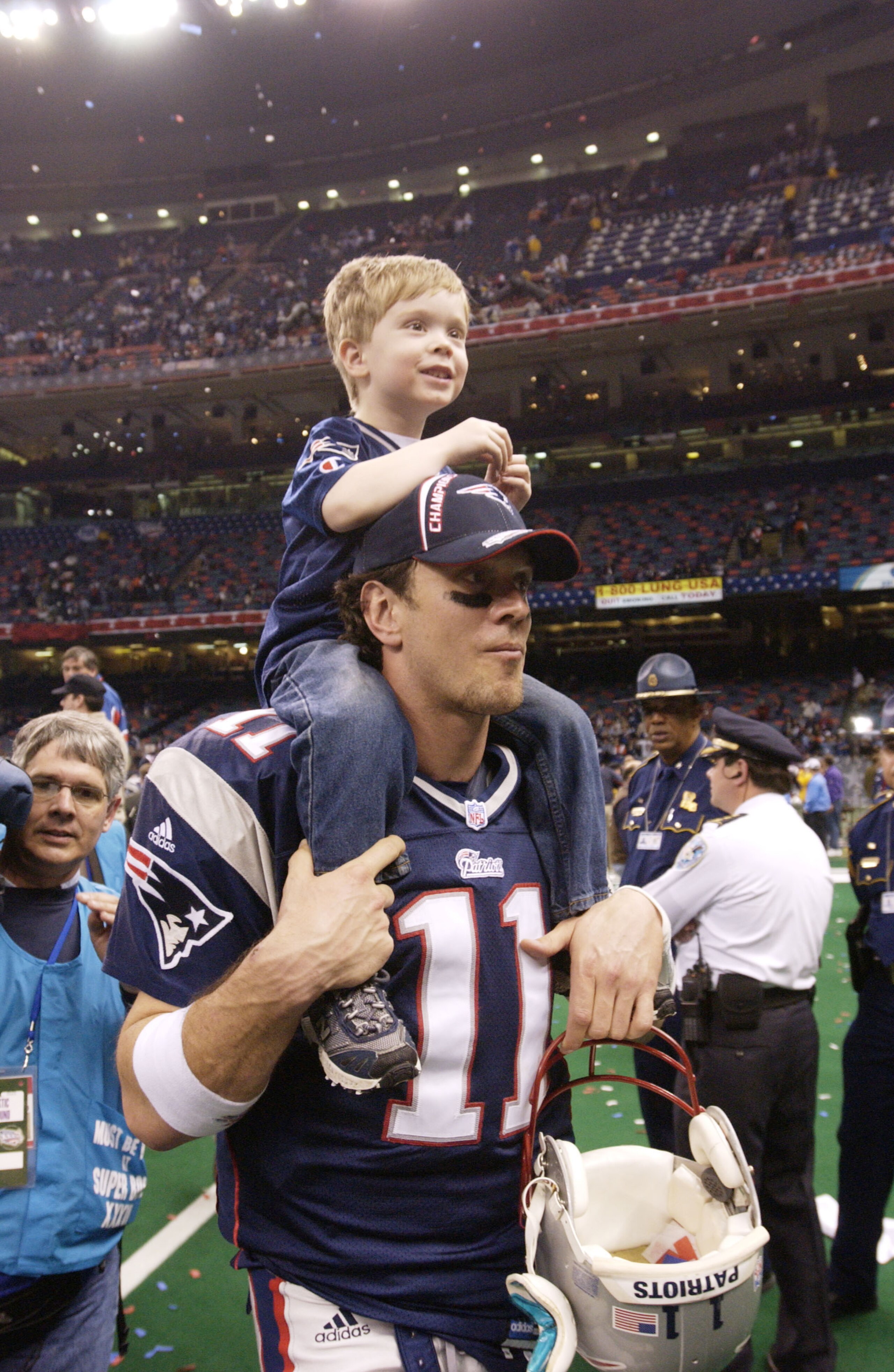 03 Feb 2002: Drew Bledsoe of the New England Patriots walks off the field during post game celebration of Superbowl XXXVI at the Superdome in New Orleans, Louisiana. The Patriots won over the St.Louis Rams 20-17, with a 48-yard field goal by kicker Ada 03 Feb 2002: Drew Bledsoe of the New England Patriots walks off the field during post game celebration of Superbowl XXXVI at the Superdome in New Orleans, Louisiana. The Patriots won over the St.Louis Rams 20-17, with a 48-yard field goal by kicker Ada
