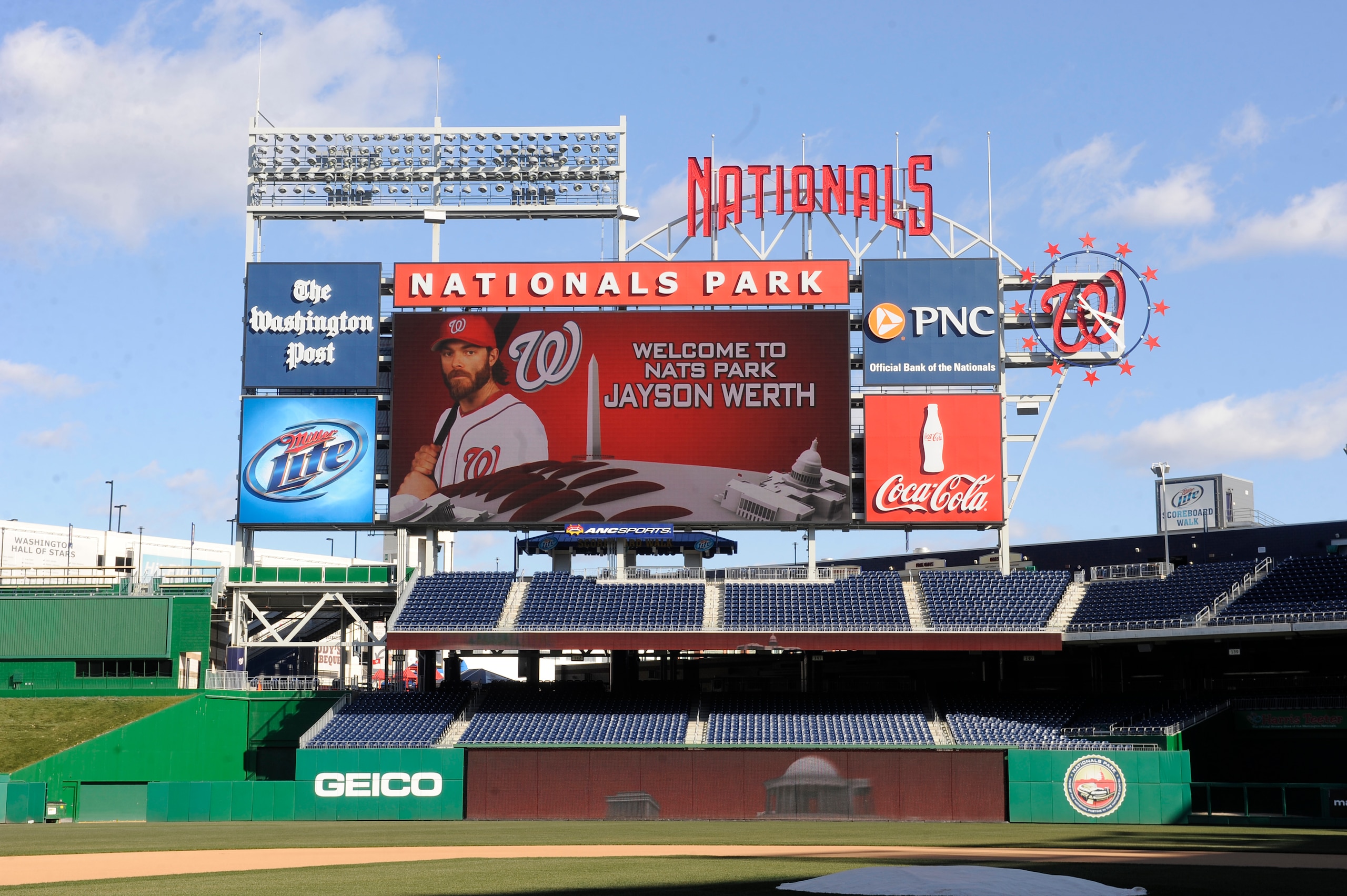 WASHINGTON, DC - DECEMBER 15:  A photo of Jayson Werth #28 of the Washington Nationals is displayed on a screen while he is introduced to the media on December 15, 2010 at Nationals Park in Washington, DC.  (Photo by Mitchell Layton/Getty Images)