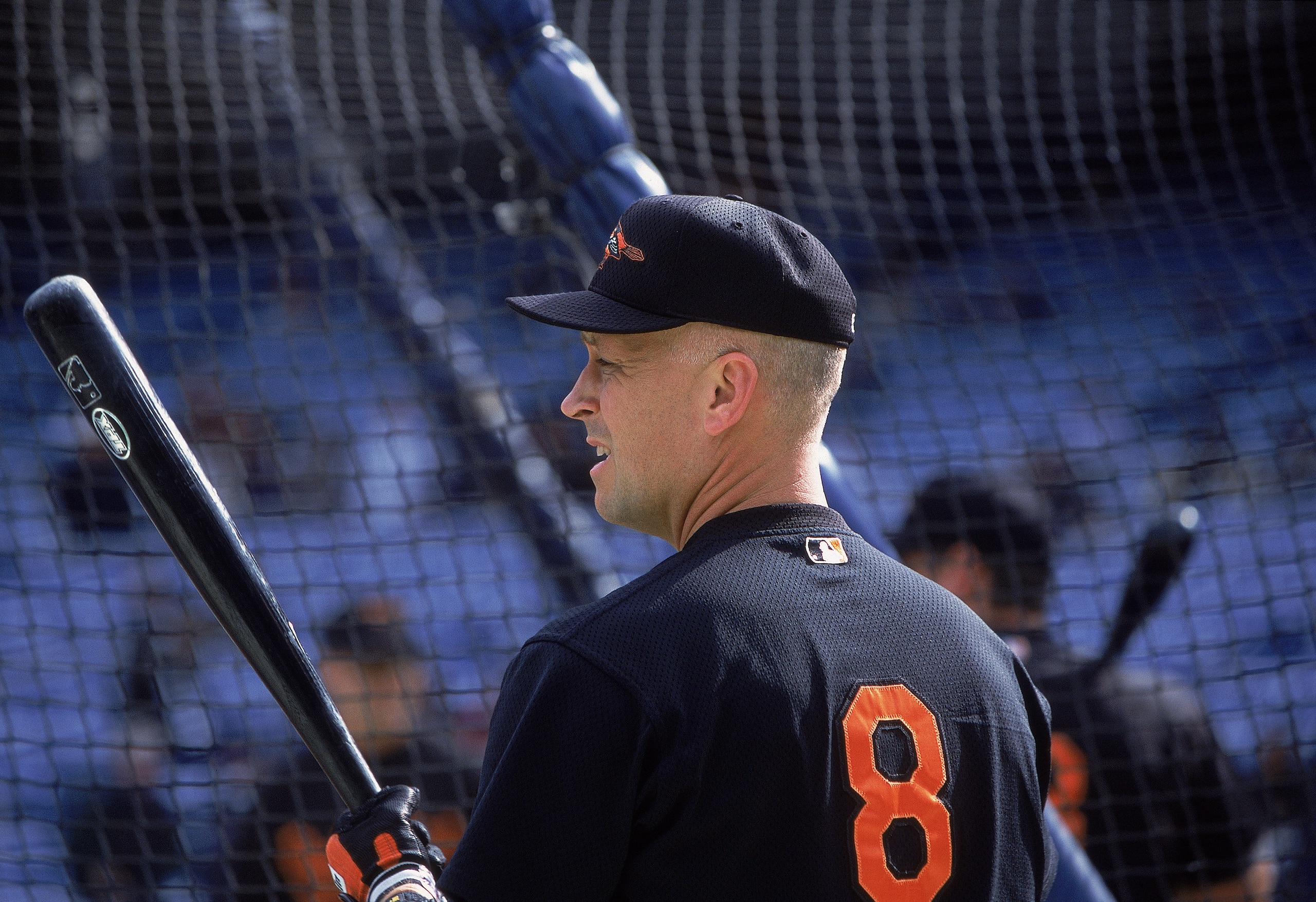 30 Sep 2001:  Cal Ripken Jr #8 of the Baltimore Orioles waits for batting practice before the game against the New York Yankees at Yankee Stadium in the Bronx, New York.  The Orioles tied the Yankees 1-1 before the game was called due to rainMandatory Cre