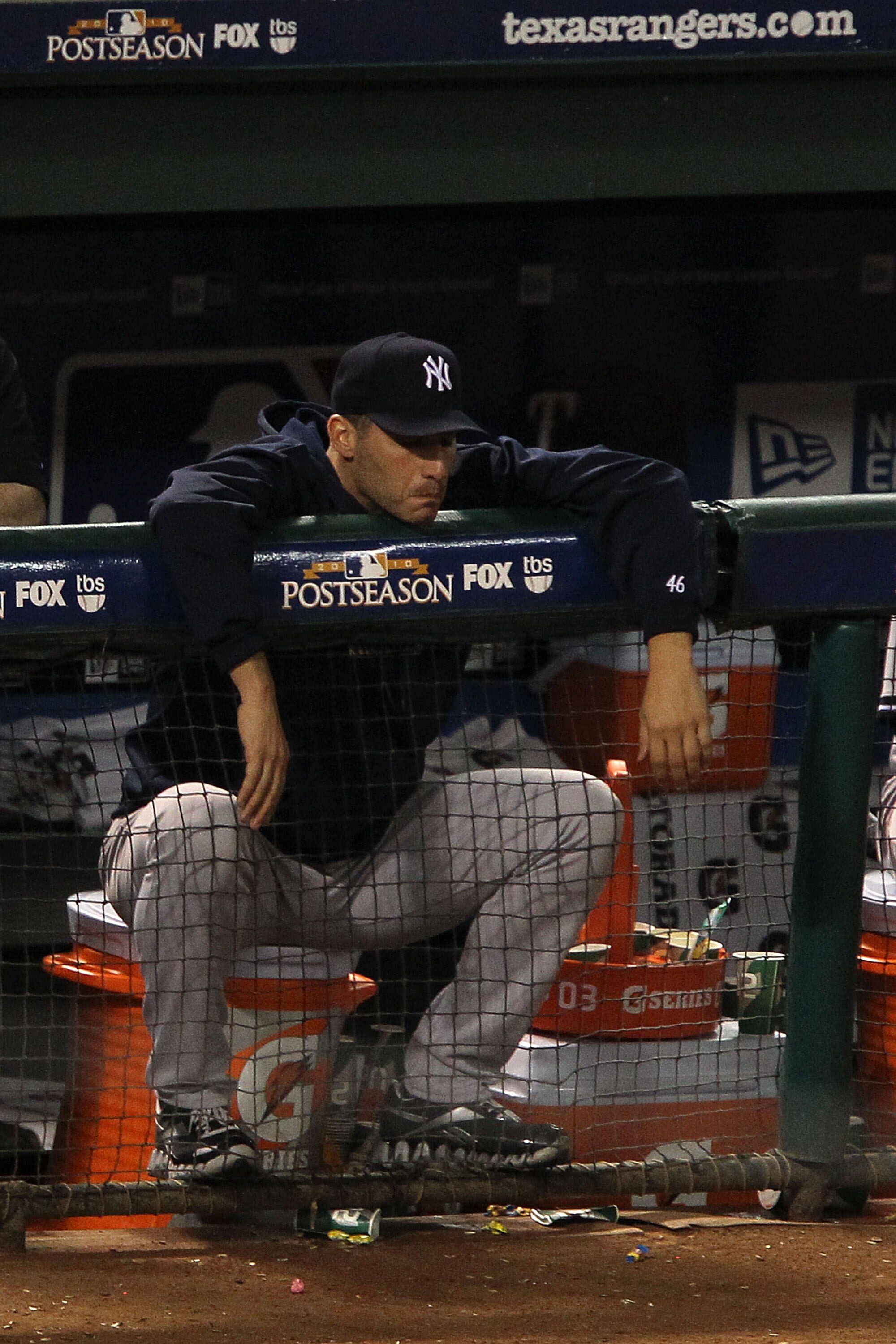 ARLINGTON, TX - OCTOBER 22:  Andy Pettitte #46 of the New York Yankees looks on during Game Six of the ALCS against the Texas Rangers during the 2010 MLB Playoffs at Rangers Ballpark in Arlington on October 22, 2010 in Arlington, Texas.  (Photo by Ronald