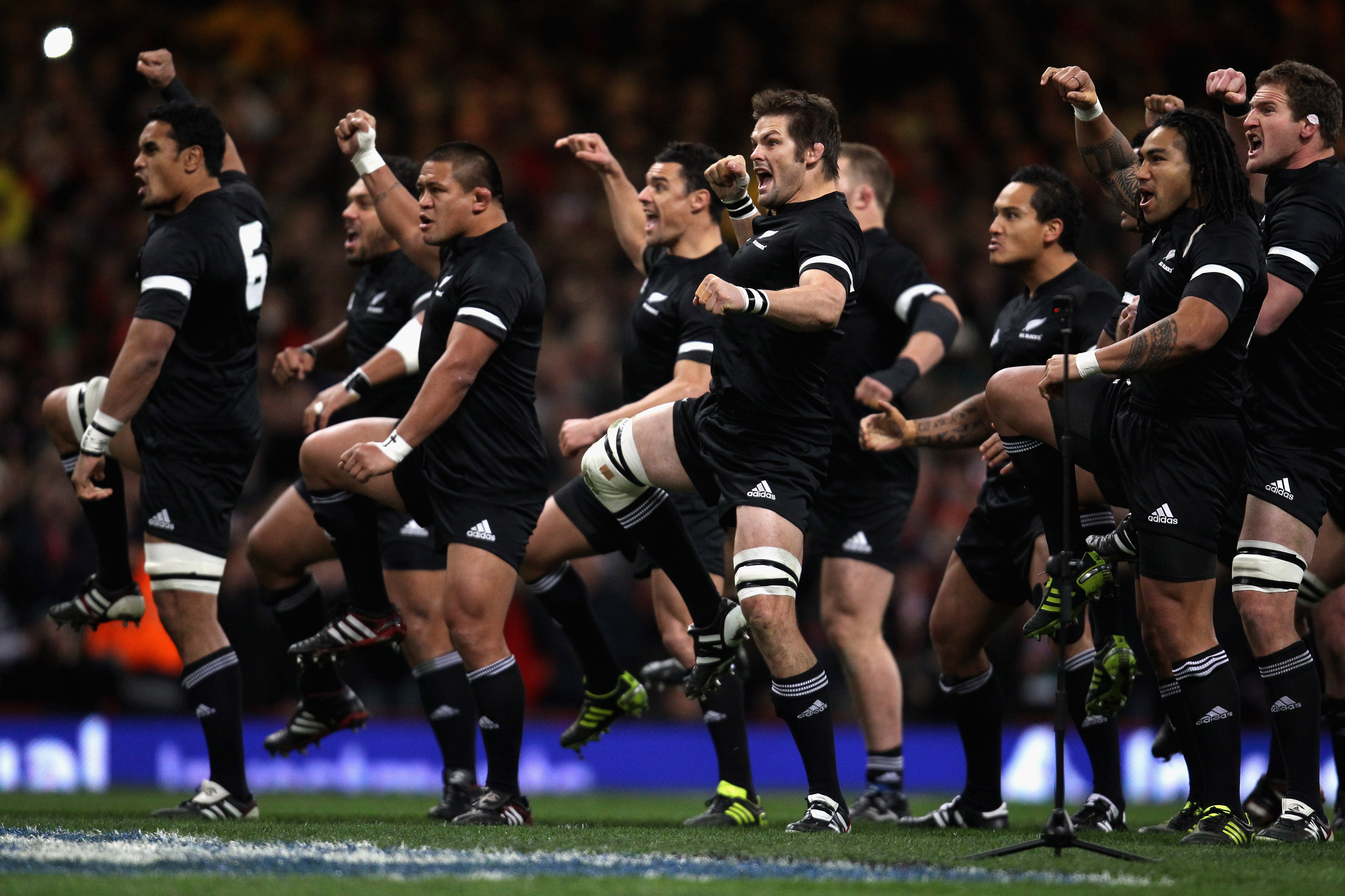 CARDIFF, WALES - NOVEMBER 27:  The All Blacks perform the Haka during the Test match between Wales and the New Zealand All Blacks at Millennium Stadium on November 27, 2010 in Cardiff, Wales.  (Photo by Phil Walter/Getty Images)