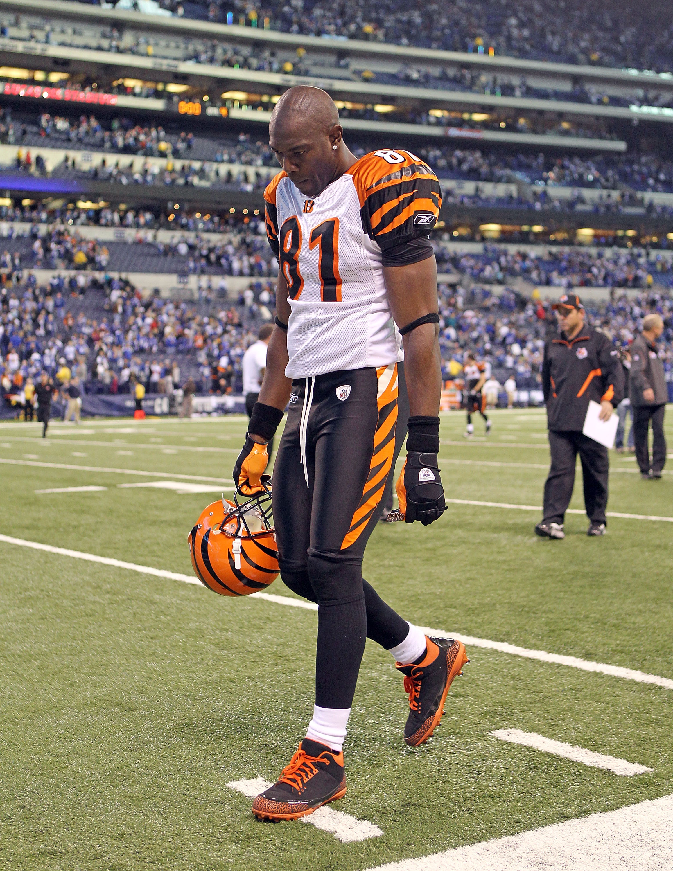 INDIANAPOLIS - NOVEMBER 14: Terrell Owens #81 of the Cincinnati Bengals walks off of the field following the Bengals 23-17 loss to the Indianapolis Colts in the NFL game at Lucas Oil Stadium on November 14, 2010 in Indianapolis, Indiana. The Colts won 23-
