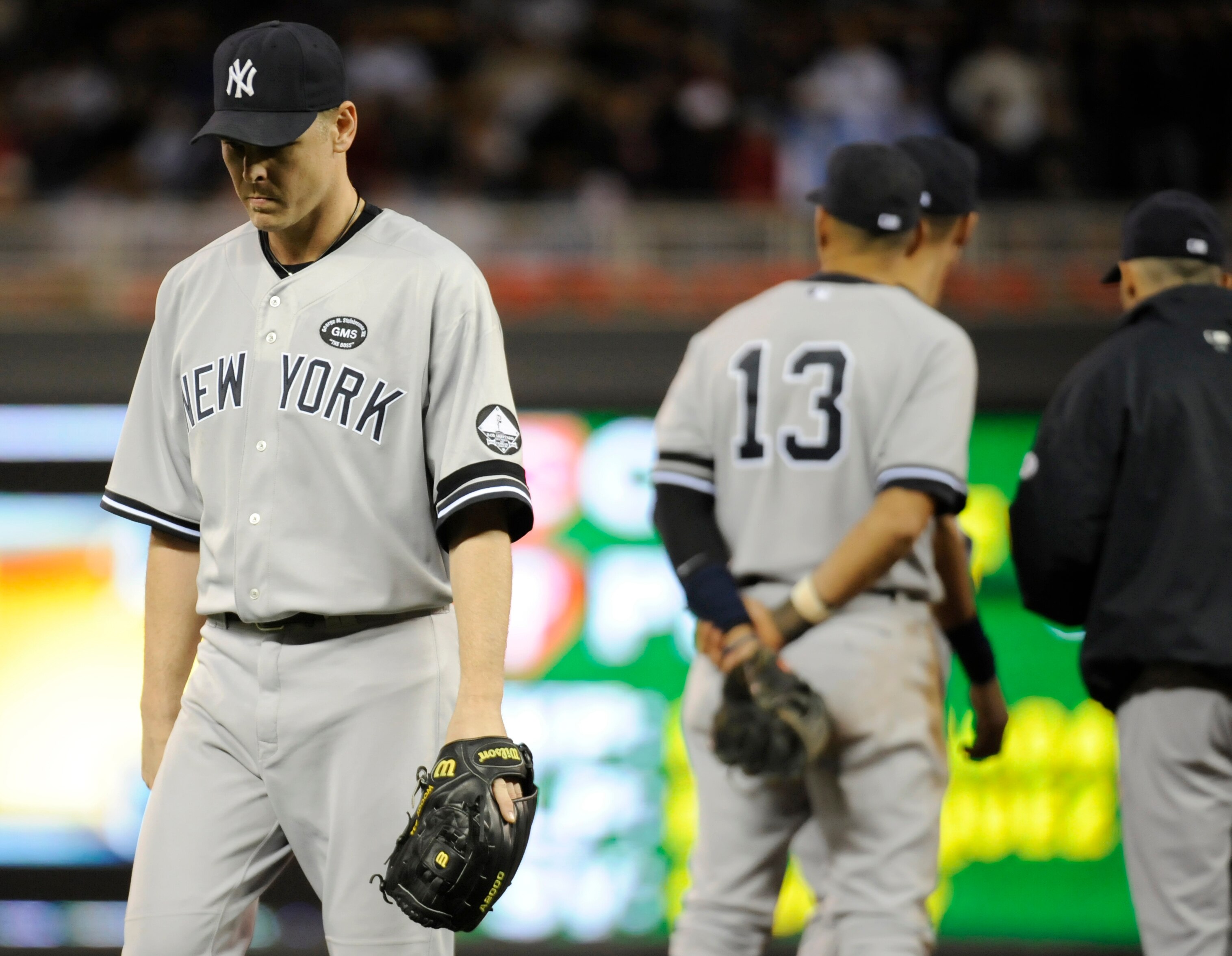 MINNEAPOLIS, MN - OCTOBER 6: Kerry Wood #39 of the New York Yankees walks back to the dugout after being relieved during game one of the ALDS against the Minnesota Twins on October 6, 2010 at Target Field in Minneapolis, Minnesota. (Photo by Hannah Foslie