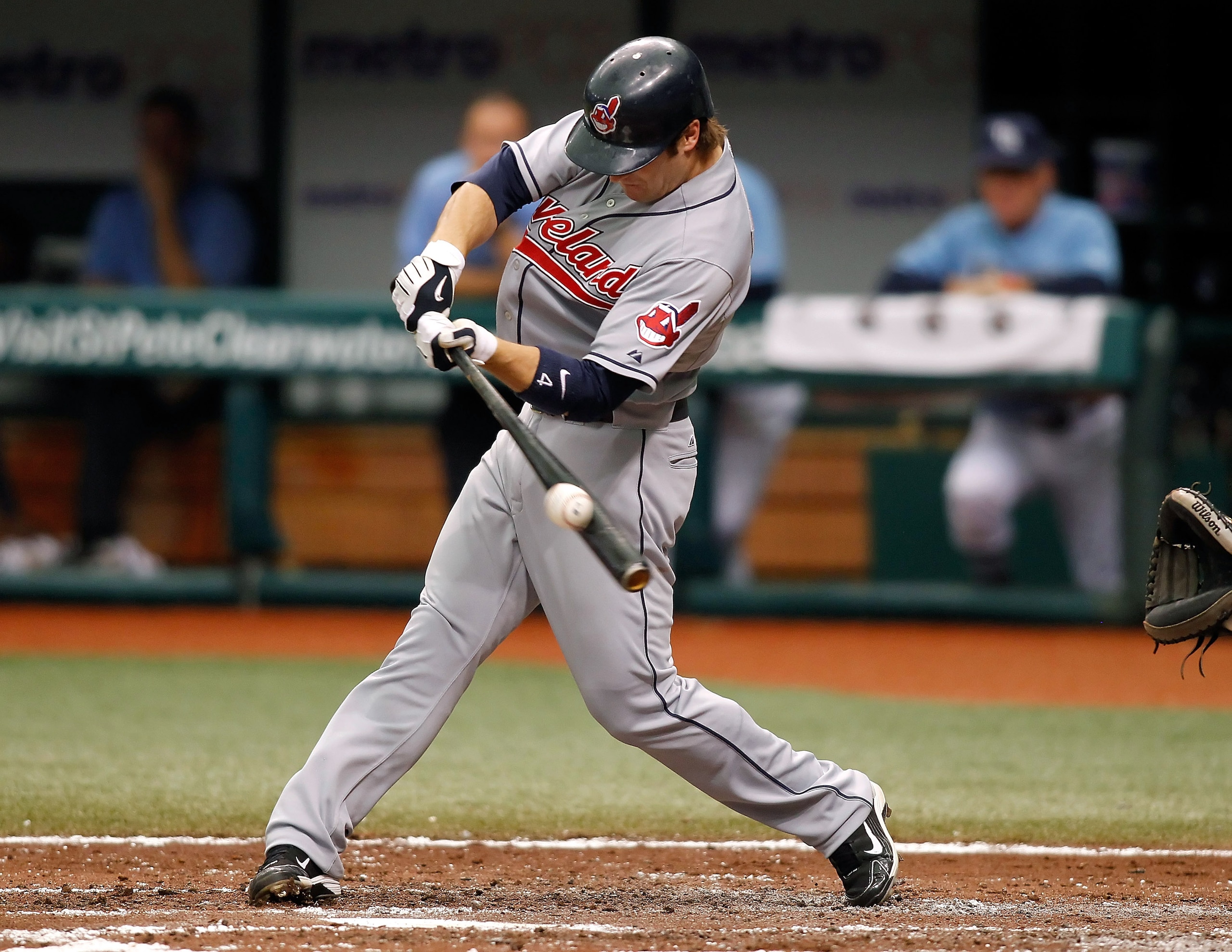 ST PETERSBURG, FL - JULY 11:  Outfielder Trevor Crowe #4 of the Cleveland Indians fouls off a pitch against the Tampa Bay Rays at Tropicana Field on July 11, 2010 in St. Petersburg, Florida.  (Photo by J. Meric/Getty Images)