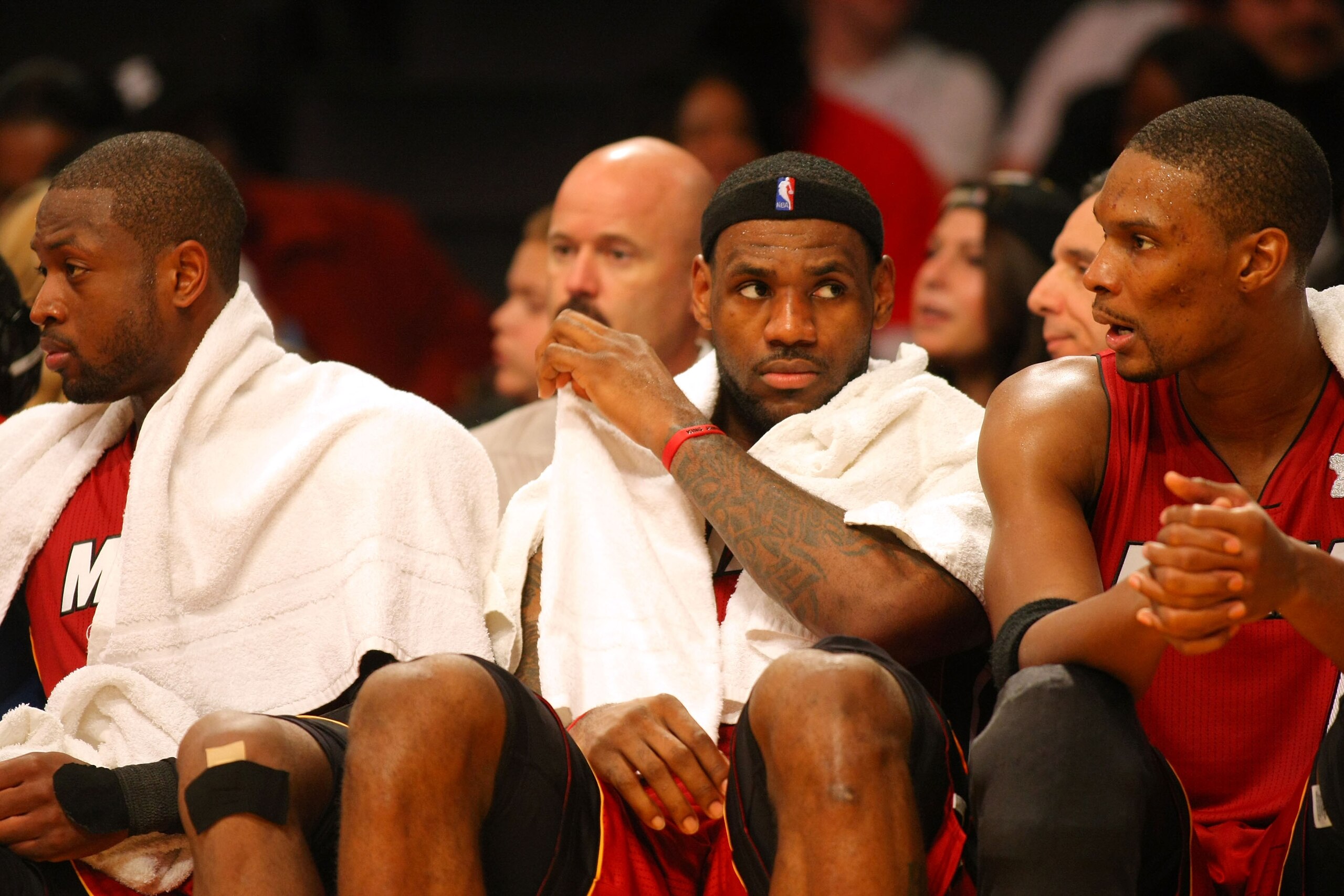 LOS ANGELES, CA - DECEMBER 25: (L-R) Dwyane Wade #3, LeBron James #6 and Chris Bosh #11 of the Miami Heat look on from the bench area during the NBA game against the Los Angeles Lakers at Staples Center on December 25, 2010 in Los Angeles, California. Th LOS ANGELES, CA - DECEMBER 25: (L-R) Dwyane Wade #3, LeBron James #6 and Chris Bosh #11 of the Miami Heat look on from the bench area during the NBA game against the Los Angeles Lakers at Staples Center on December 25, 2010 in Los Angeles, California. Th