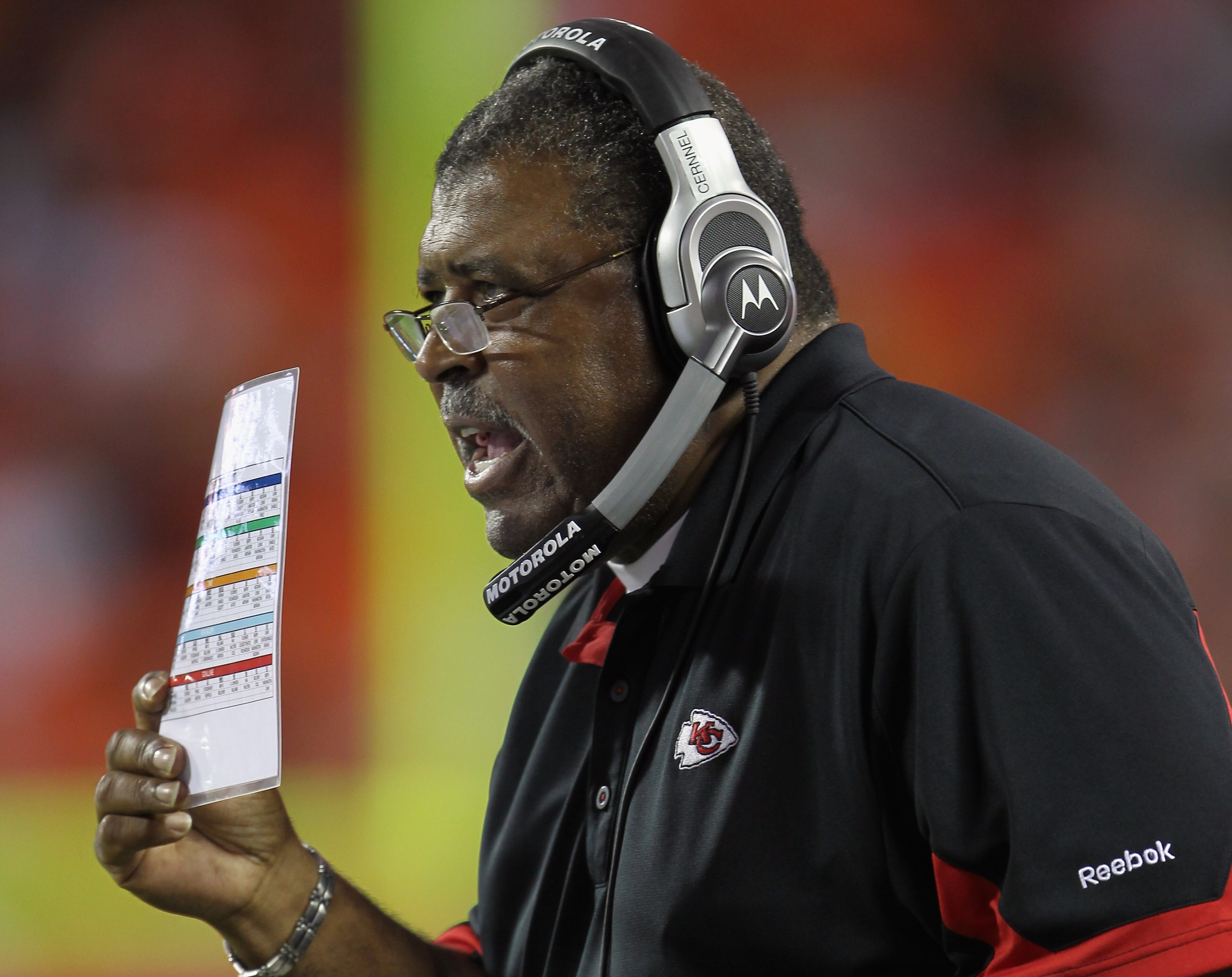 KANSAS CITY, MO - SEPTEMBER 02:  Defensive Coordinator Romeo Crennel of the Kansas City Chiefs looks on from the sidelines during the game against  the Green Bay Packers on September 2, 2010 at Arrowhead Stadium in Kansas City, Missouri.  (Photo by Jamie