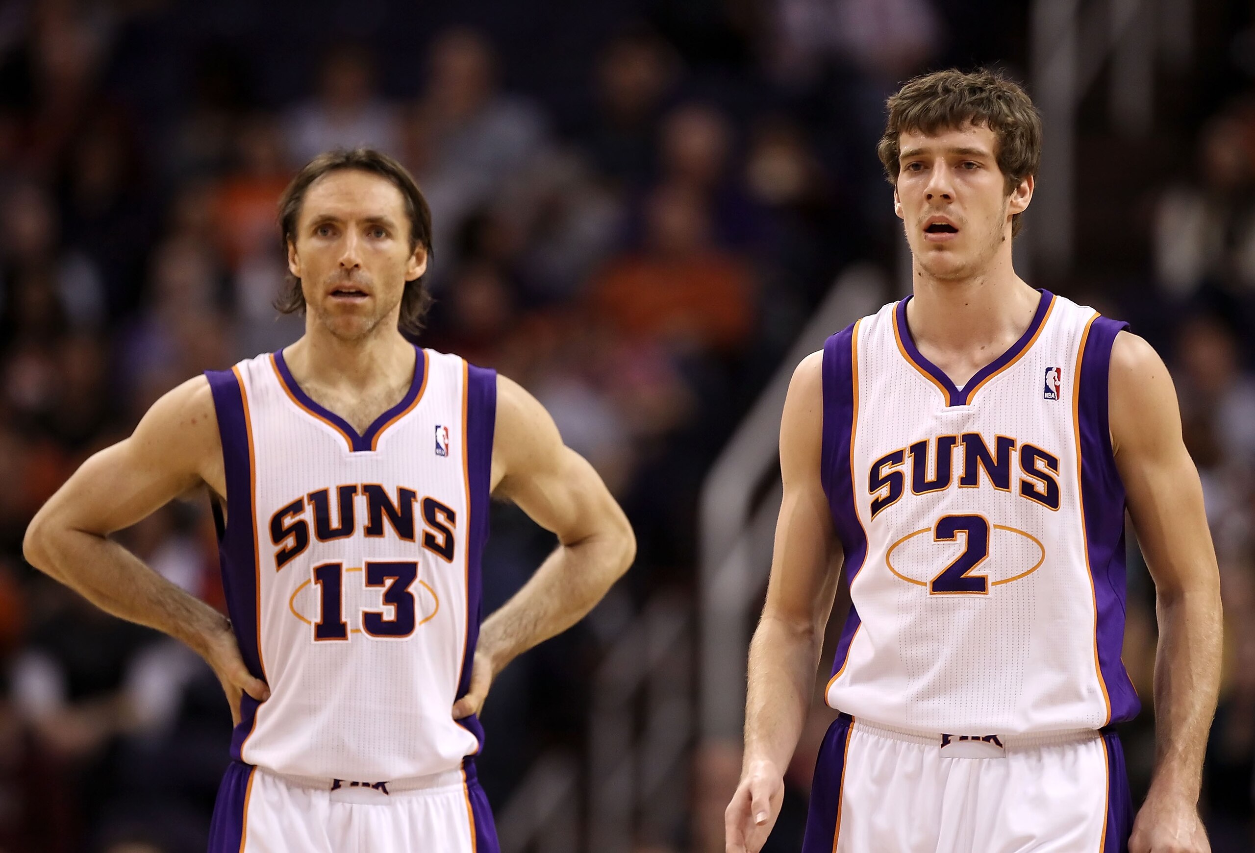 PHOENIX - DECEMBER 10:  Steve Nash #13 and Goran Dragic #2 of the Phoenix Suns during the NBA game against the Portland Trail Blazers at US Airways Center on December 10, 2010 in Phoenix, Arizona.  The Trail Blazers defeated the Suns 101-94. NOTE TO USER: