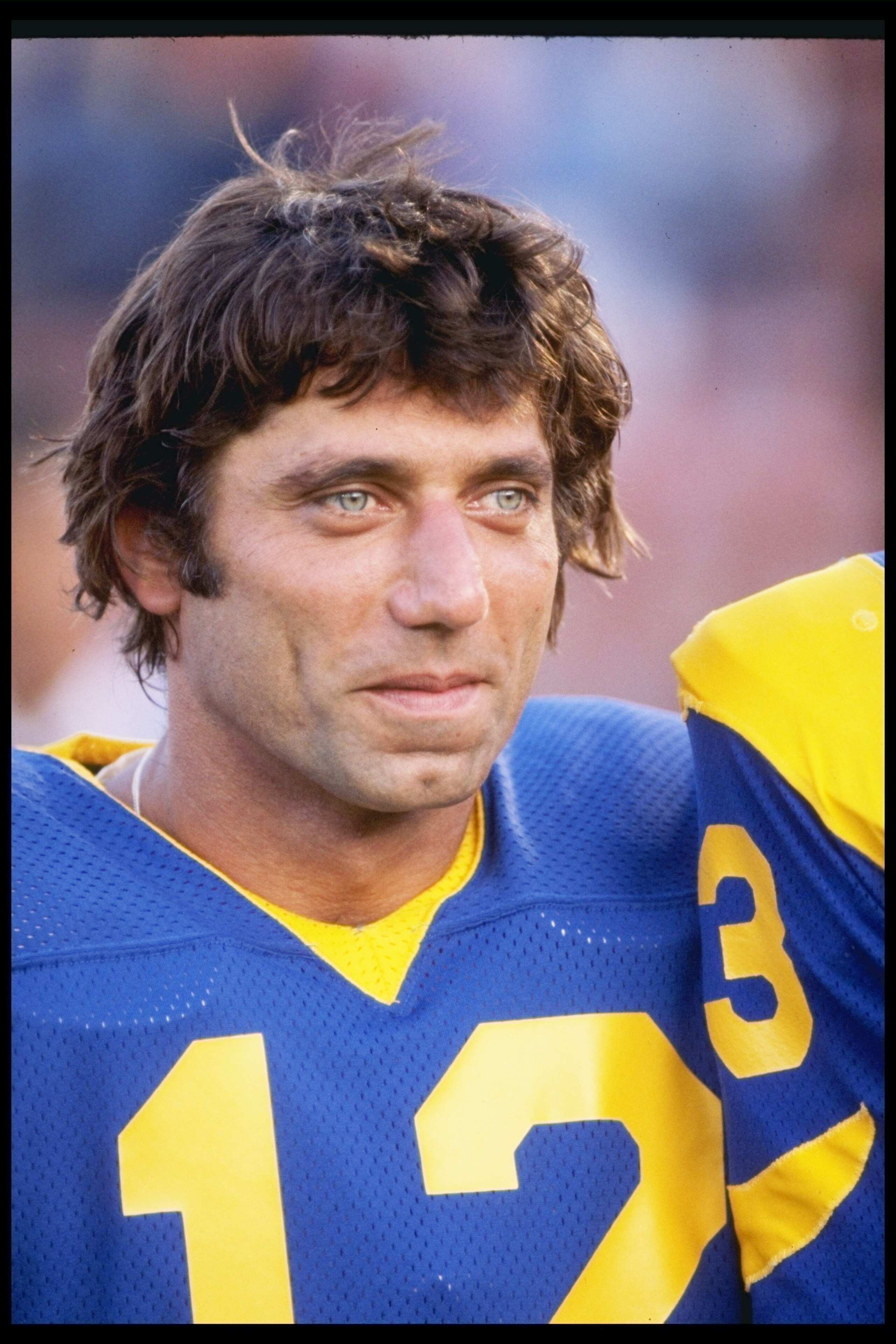 25 Sep 1977:  Quarterback Joe Namath of the Los Angeles Rams looks on during a game against the Philadelphia Eagles at Anaheim Stadium in Anaheim, California.  The Rams won the game, 20-0. Mandatory Credit: Allsport  /Allsport