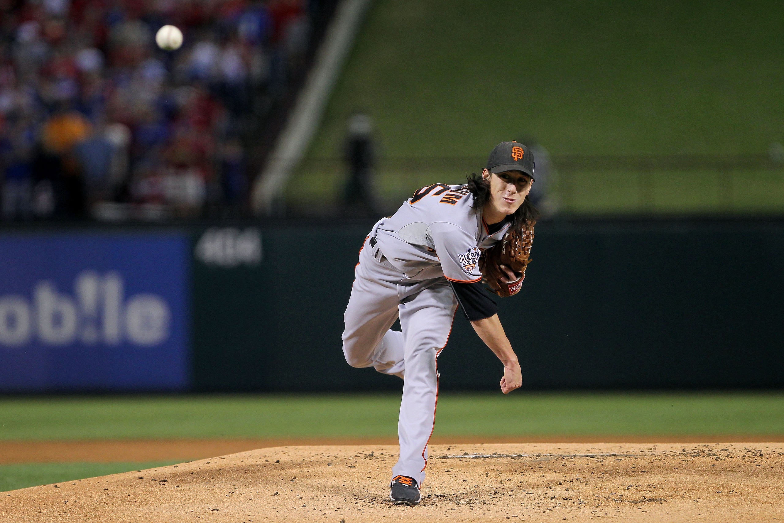 ARLINGTON, TX - NOVEMBER 01:  Starting pitcher Tim Lincecum #55 of the San Francisco Giants pitches against the Texas Rangers in Game Five of the 2010 MLB World Series at Rangers Ballpark in Arlington on November 1, 2010 in Arlington, Texas.  (Photo by Do