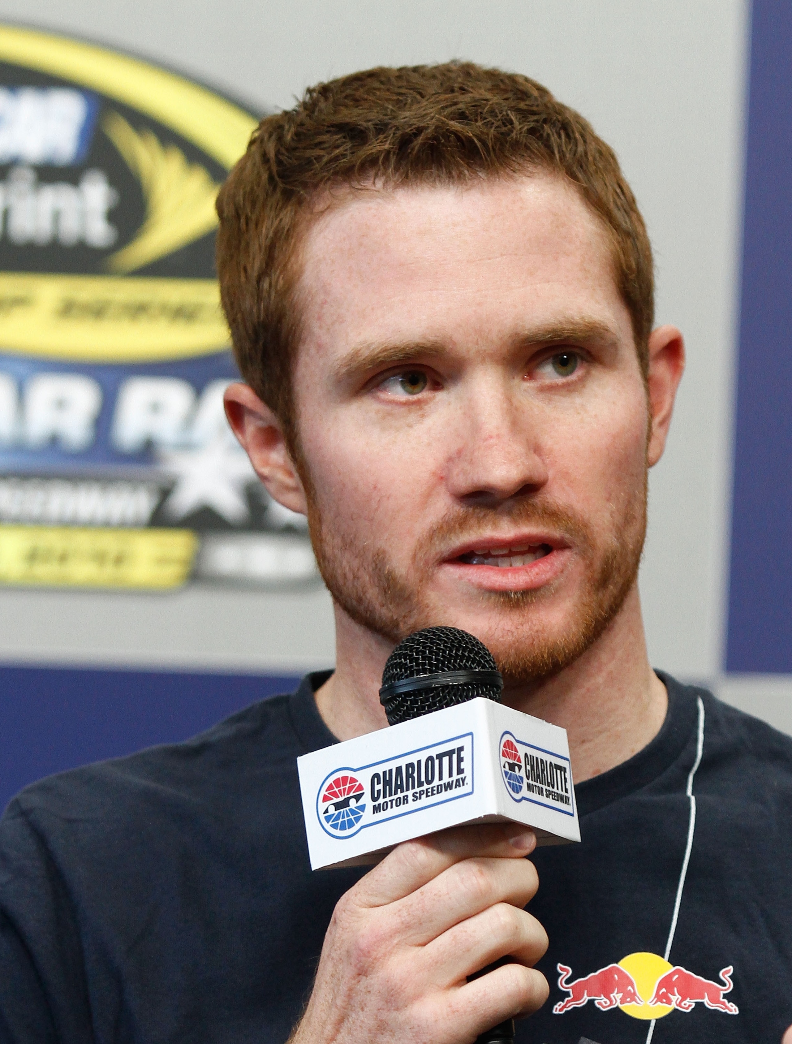 CONCORD, NC - MAY 21:  Brian Vickers, driver of the #83 Red Bull Toyota, speaks to the media during a press conference at Charlotte Motor Speedway on May 21, 2010 in Concord, North Carolina. Vickers will miss the remainder of the NASCAR season because of