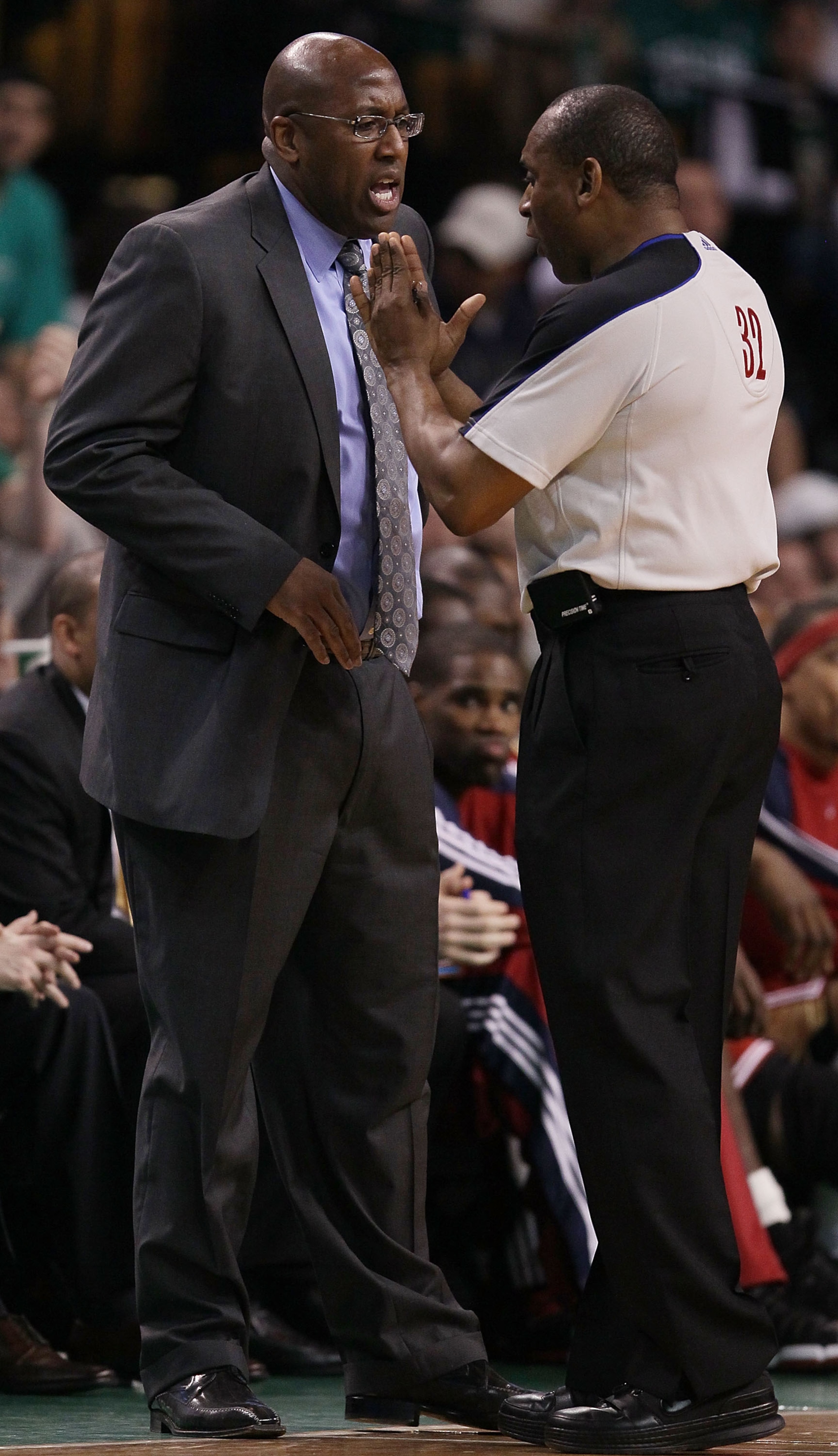 BOSTON - MAY 13:  Head coach Mike Brown of the Cleveland Cavaliers discusses a call with a referee during Game Six of the Eastern Conference Semifinals of the 2010 NBA playoffs at TD Garden on May 13, 2010 in Boston, Massachusetts. The Celtics defeated th