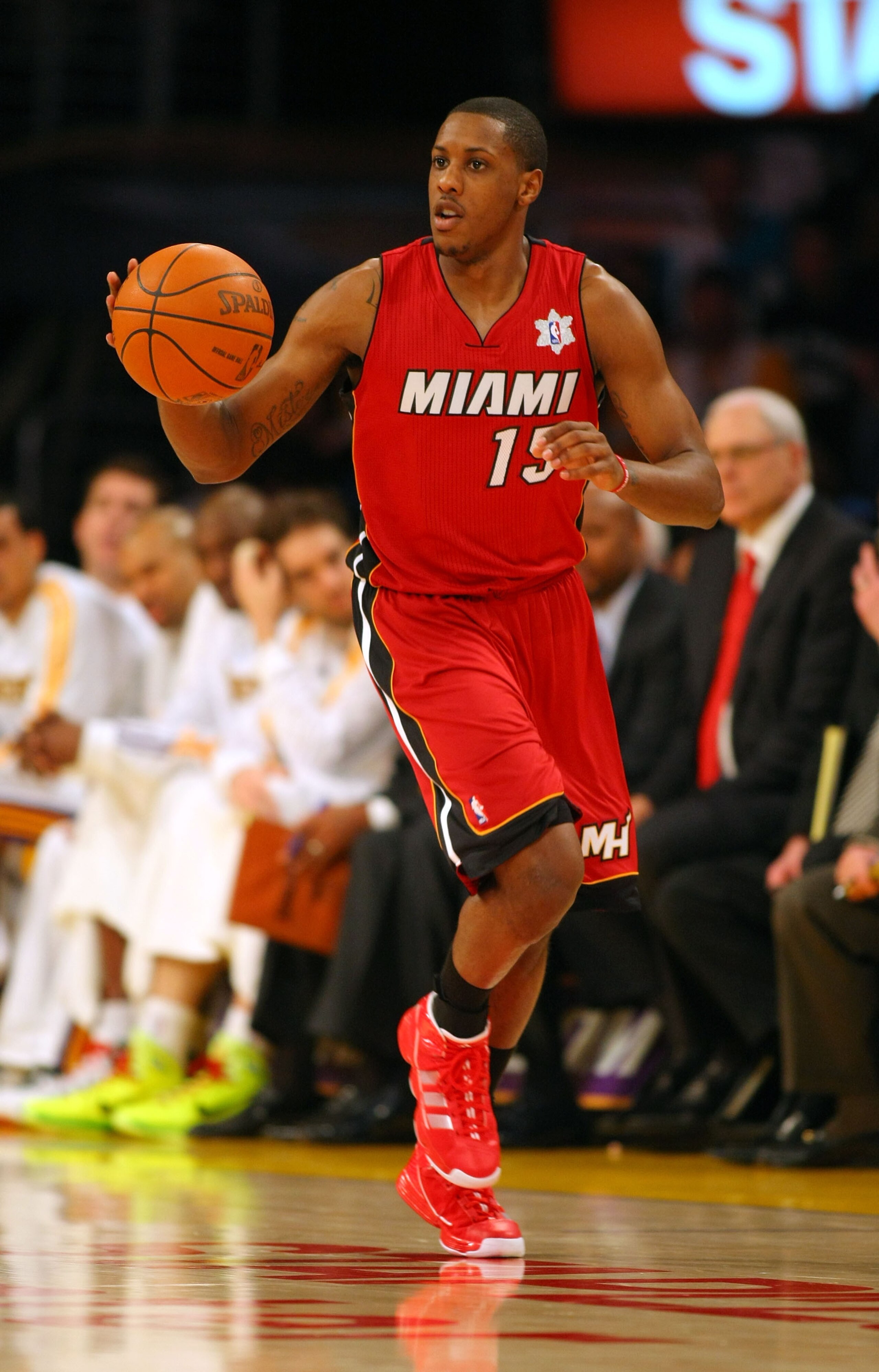 LOS ANGELES, CA - DECEMBER 25:  Mario Chalmers #15 of the Miami Heat brings the ball upcourt during the NBA game against the Los Angeles Lakers at Staples Center on December 25, 2010 in Los Angeles, California. The Heat defeated the Lakers 96-80.  NOTE TO