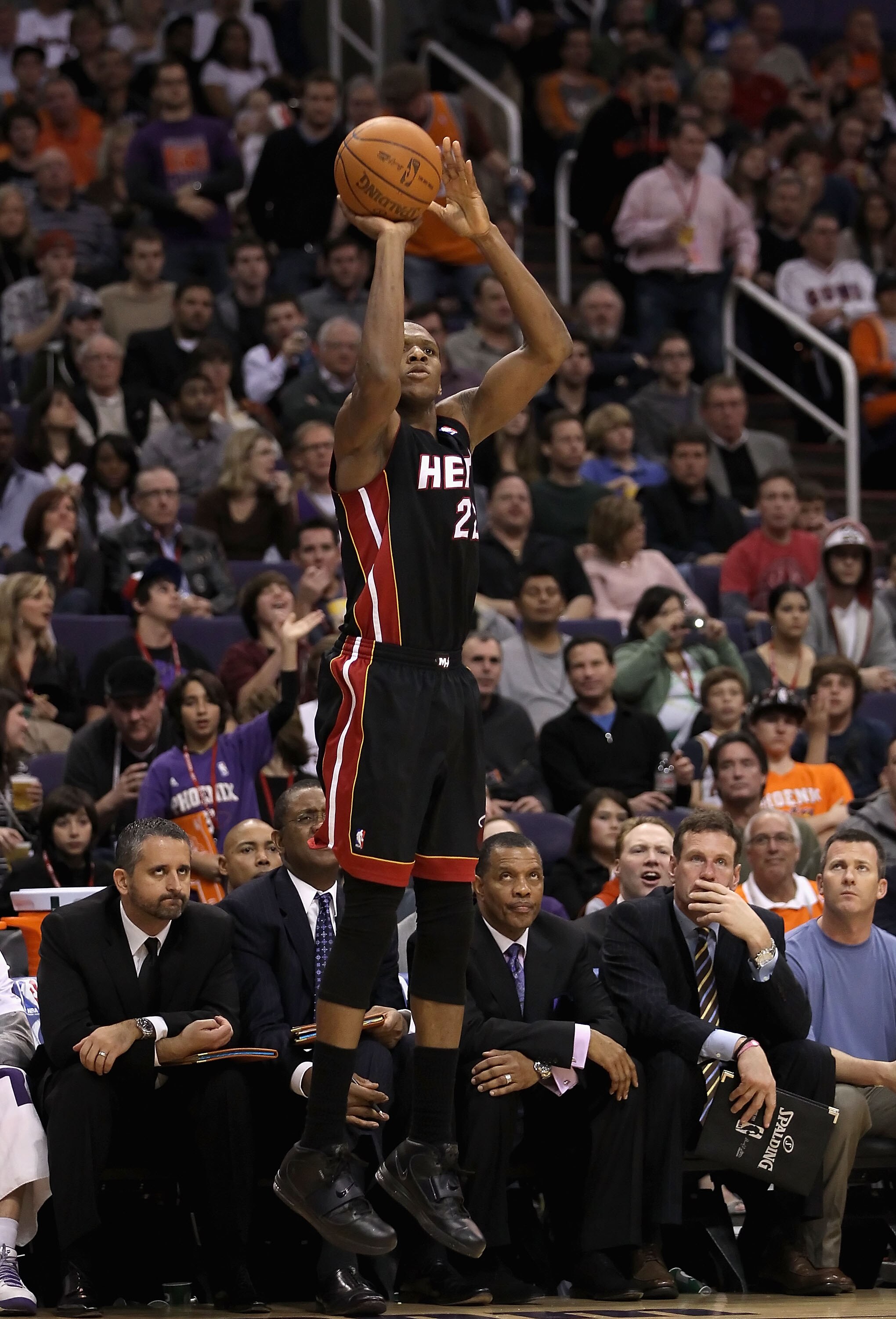PHOENIX - DECEMBER 23:  James Jones #22 of the Miami Heat puts up a shot during the NBA game against the Phoenix Suns at US Airways Center on December 23, 2010 in Phoenix, Arizona.  The Heat defeated the Suns 95-83.  NOTE TO USER: User expressly acknowled